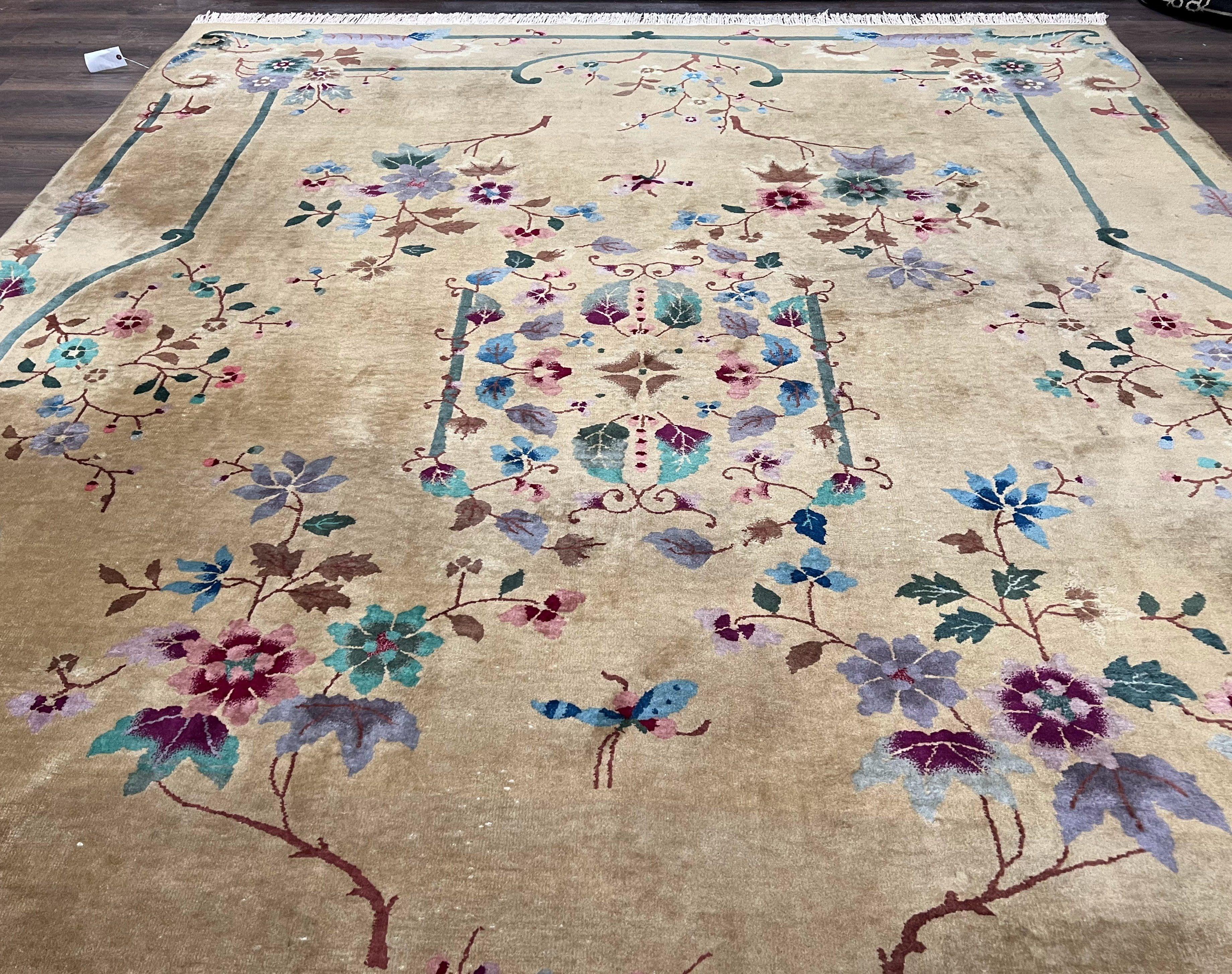 Chinese Art Deco Rug 9x12, Antique Nichols Carpet 9 x 12 ft, Peking Rug, Large Asian Oriental Room Sized Rug, Semi Open Field, Wool Handmade - Jewel Rugs