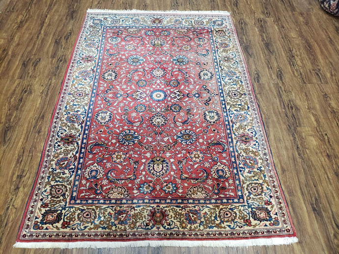Semi Antique Persian Kashan Rug, Red & Beige, Hand-Knotted, Wool, 4'7