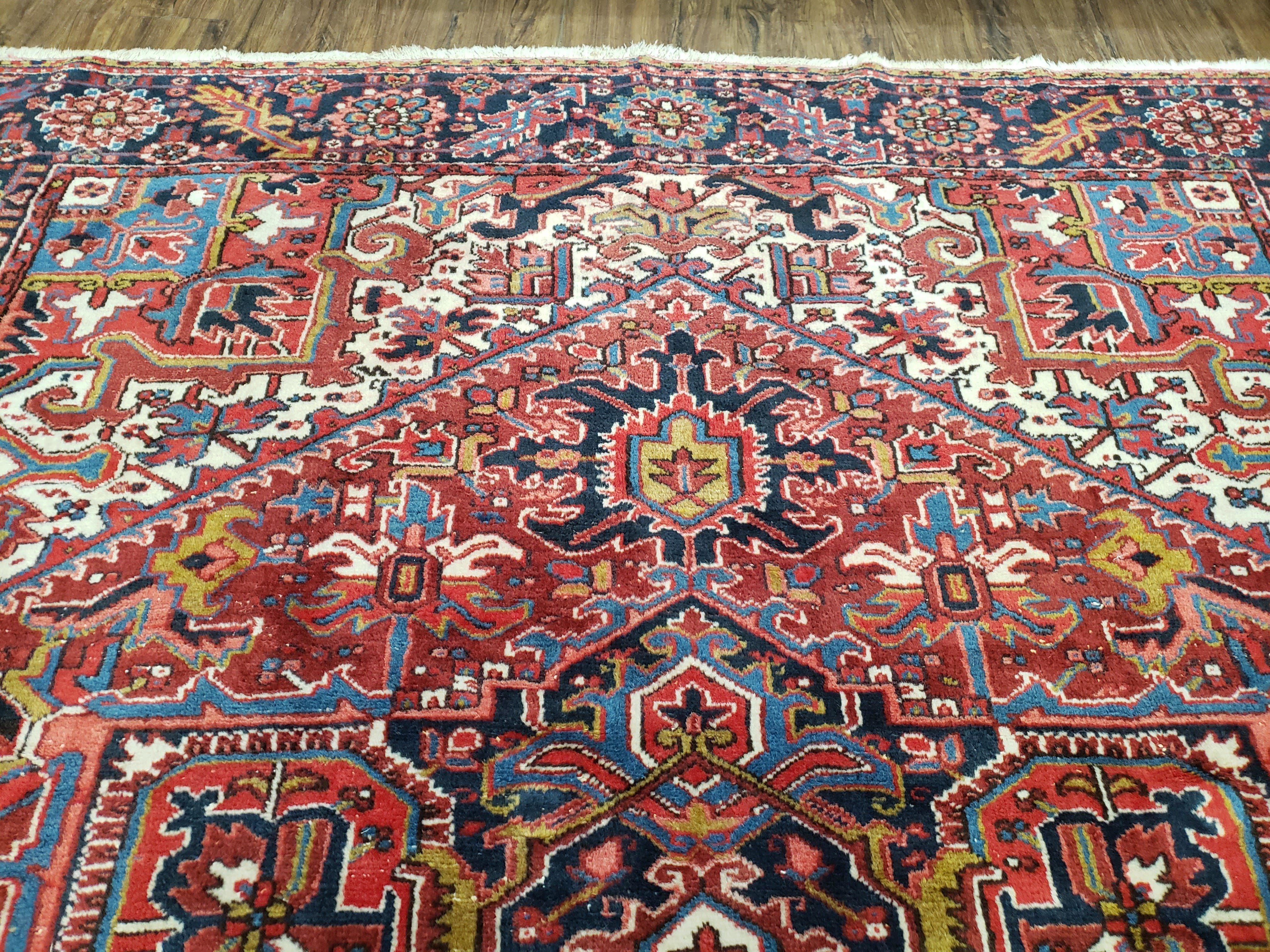 Antique Persian Heriz Rug, Red Dark Blue and Ivory, Wool, Hand-Knotted, Decorative, Tribal, 8' 4" x 11' 3" - Jewel Rugs