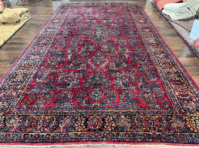 Stunning Persian Sarouk Rug 9 x 16, Antique 1920s Oversized Persian Carpet 9 x 16 ft, Palace Sized Handmade Wool Rug with Signature Red Blue Floral - Jewel Rugs