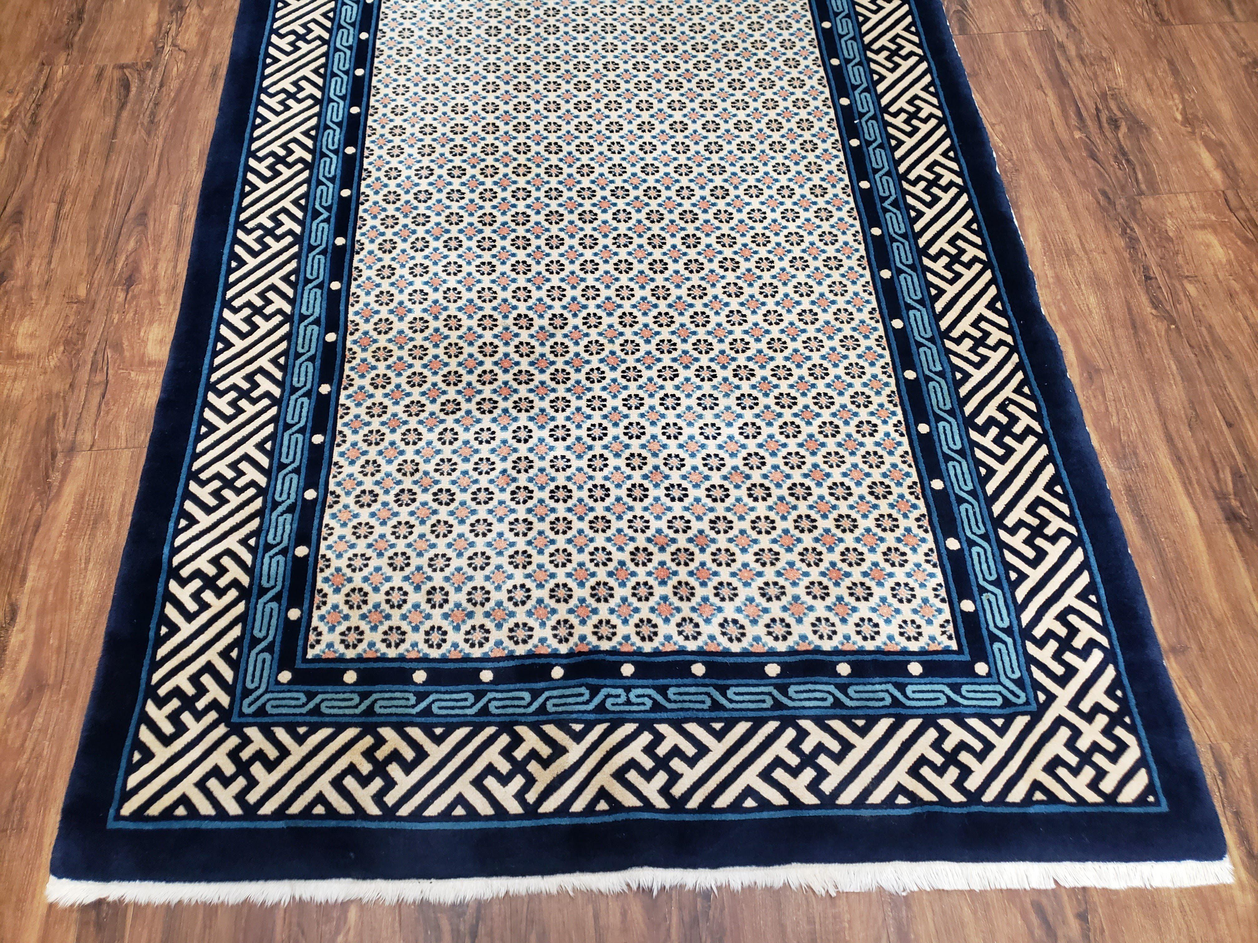 Vintage Chinese Peking Area Rug 4x6, Wool Hand-Knotte, Dark Blue Ivory Chinese Art Deco Carpet, 4 x 6 Foyer Room Asian Oriental Rug, 6x4 Rug - Jewel Rugs