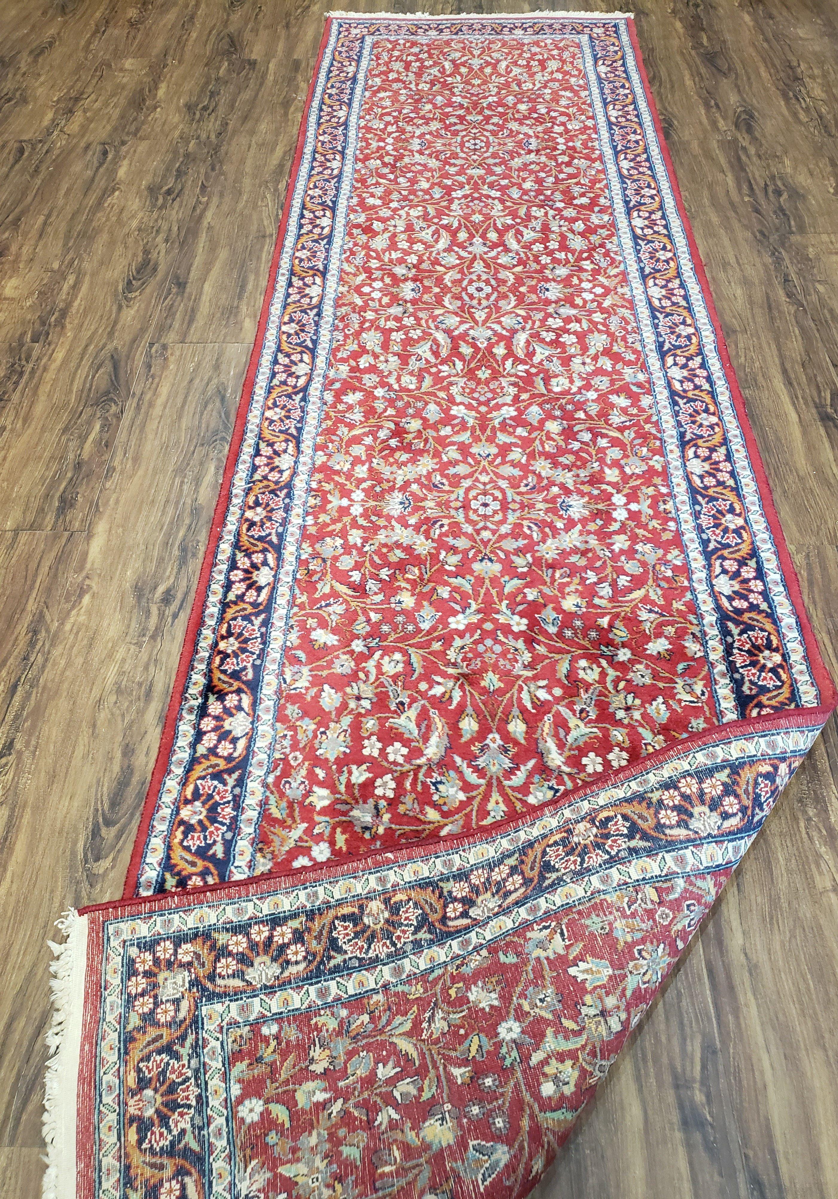 Antique Persian Sarouk Vintage Runner Rug, 2' 7" x 10' 3", Red with Dark Blue Floral Design - Jewel Rugs