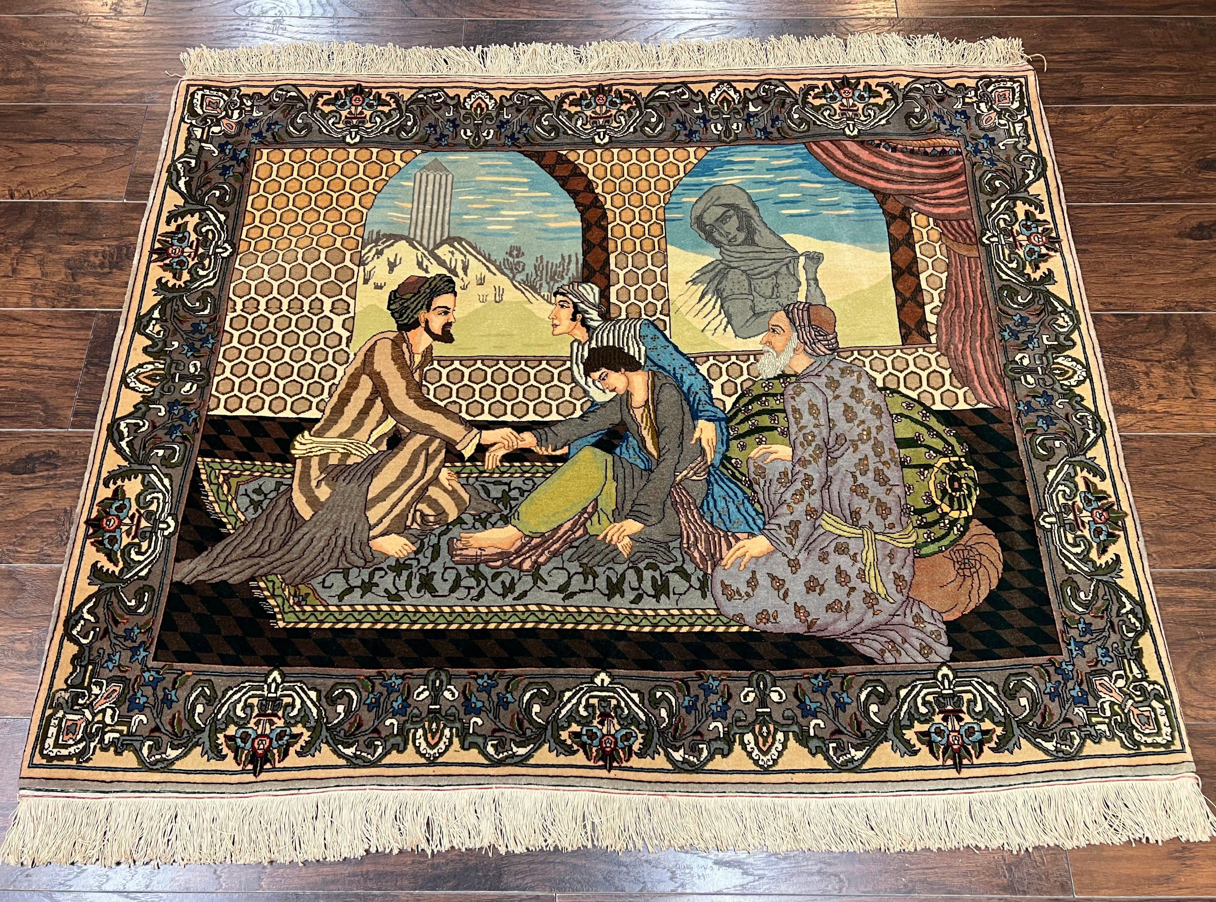 Persian Tabriz Pictorial Rug 4.8 x 3.8, Horizontal Oriental Carpet for Hanging on Wall, Hand Knotted Wool Vintage Fine Carpet, Doctor and Patients - Jewel Rugs