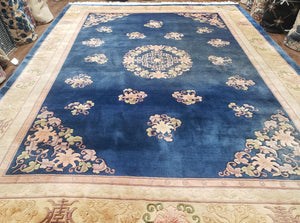 Vintage Chinese Art Deco Area Rug 10x13, Hand-Knotted Wool Chinese Blue & Cream Carving 90 Line Asian Carpet, Soft Art Deco 10 x 13 Rug Nice - Jewel Rugs