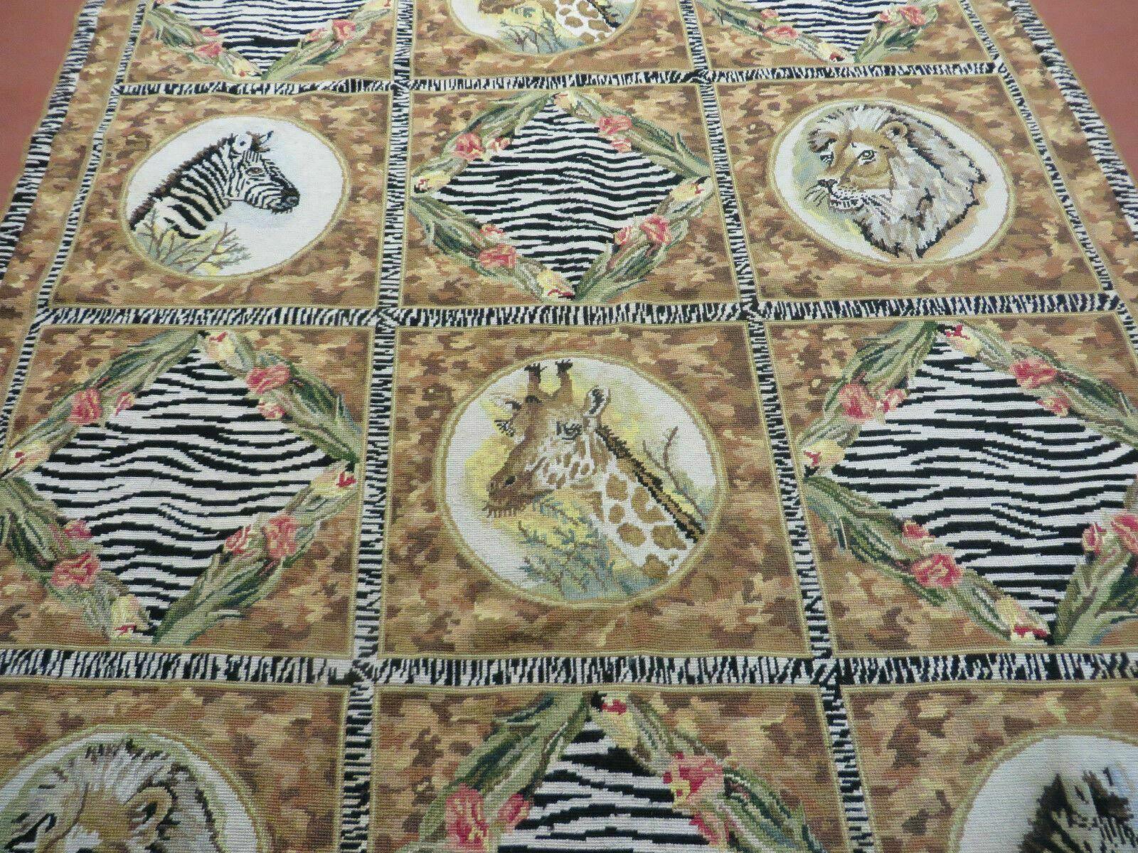 5' X 6' Handmade Aubusson Savonnerie Design Needlepoint Rug Flat Safari Zebra Rare Bohemian Eclectic Home Décor - Jewel Rugs