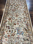 Persian Taba Tabaie Tabriz Runner Rug 2.6 x 15 ft Long Runner, Vintage Persian Runner, Hunting Scene, Horses Flowers, Beige Opal, High Quality, Wool Runner - Jewel Rugs