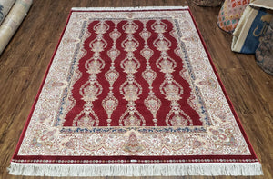 Dark Red Silk Carpet 5.3 x 7.6 ft, 5x8 Silk Rug, New Turkish Silk Carpet, Mint Condition, Beige & Red Area Rug, Bamboo Silk, High Quality - Jewel Rugs
