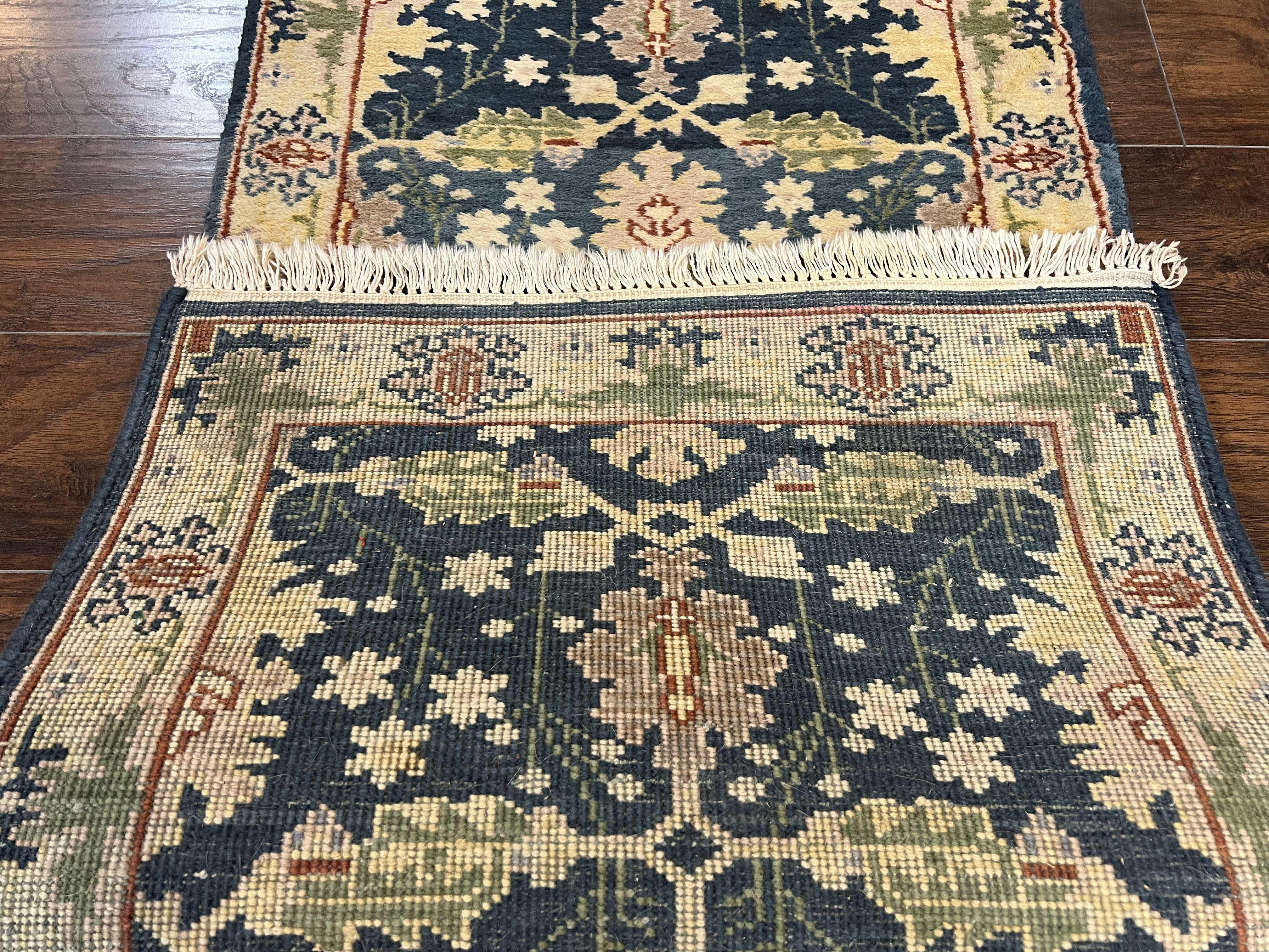 Indian Runner Rug 2.6 x 12, Navy Blue Beige Oriental Runner Rug 12ft Long, Narrow Hallway Runner, Wool Hand Knotted Indo Persian Mahal Rug - Jewel Rugs