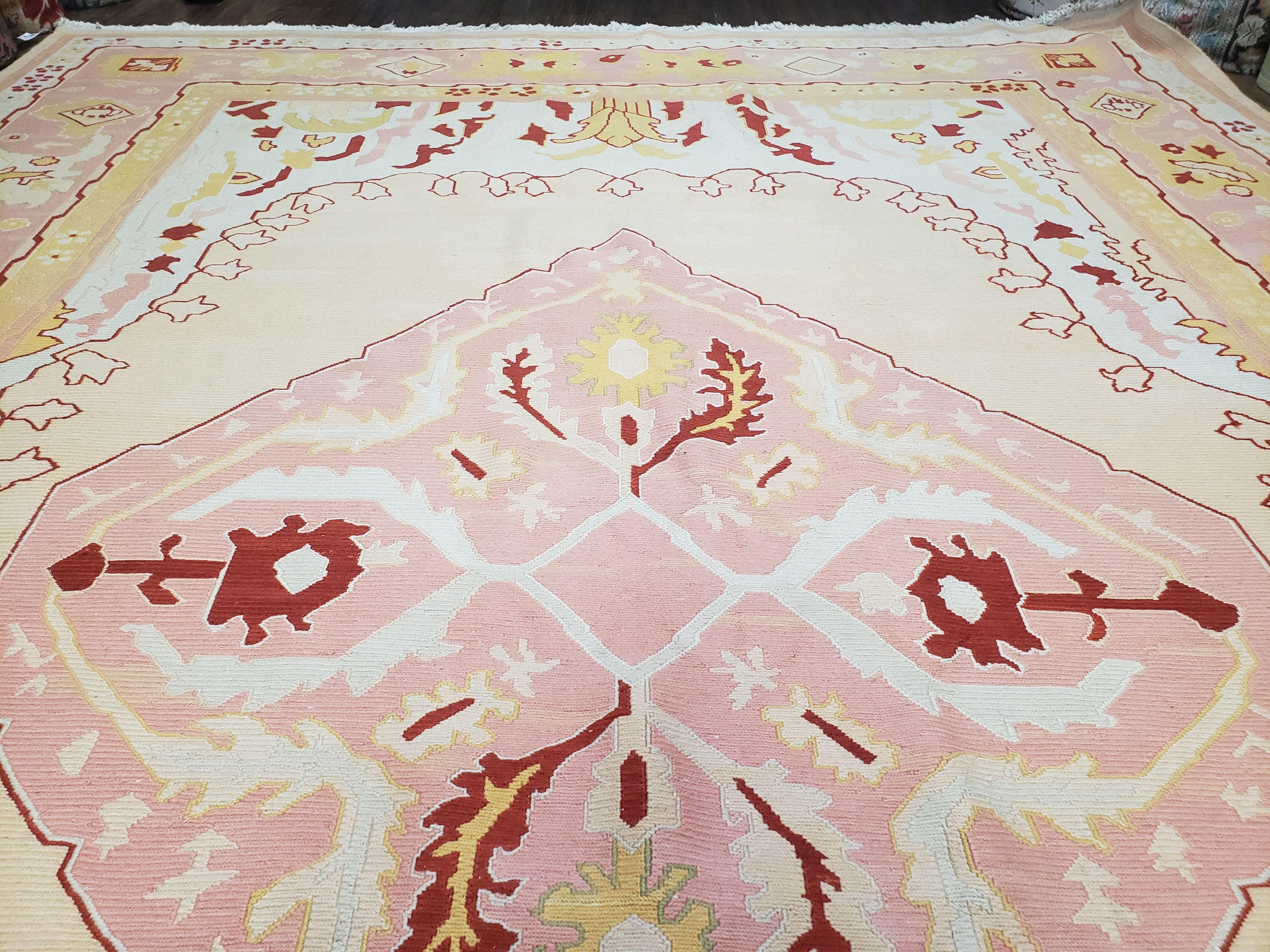 Large Turkish Kilim Carpet 10x14, Vintage Hand-Knotted Turkish Kilim Rug 10 x 14, Pink Cream Yellow Red, Decorative, Geometric, Unique - Jewel Rugs