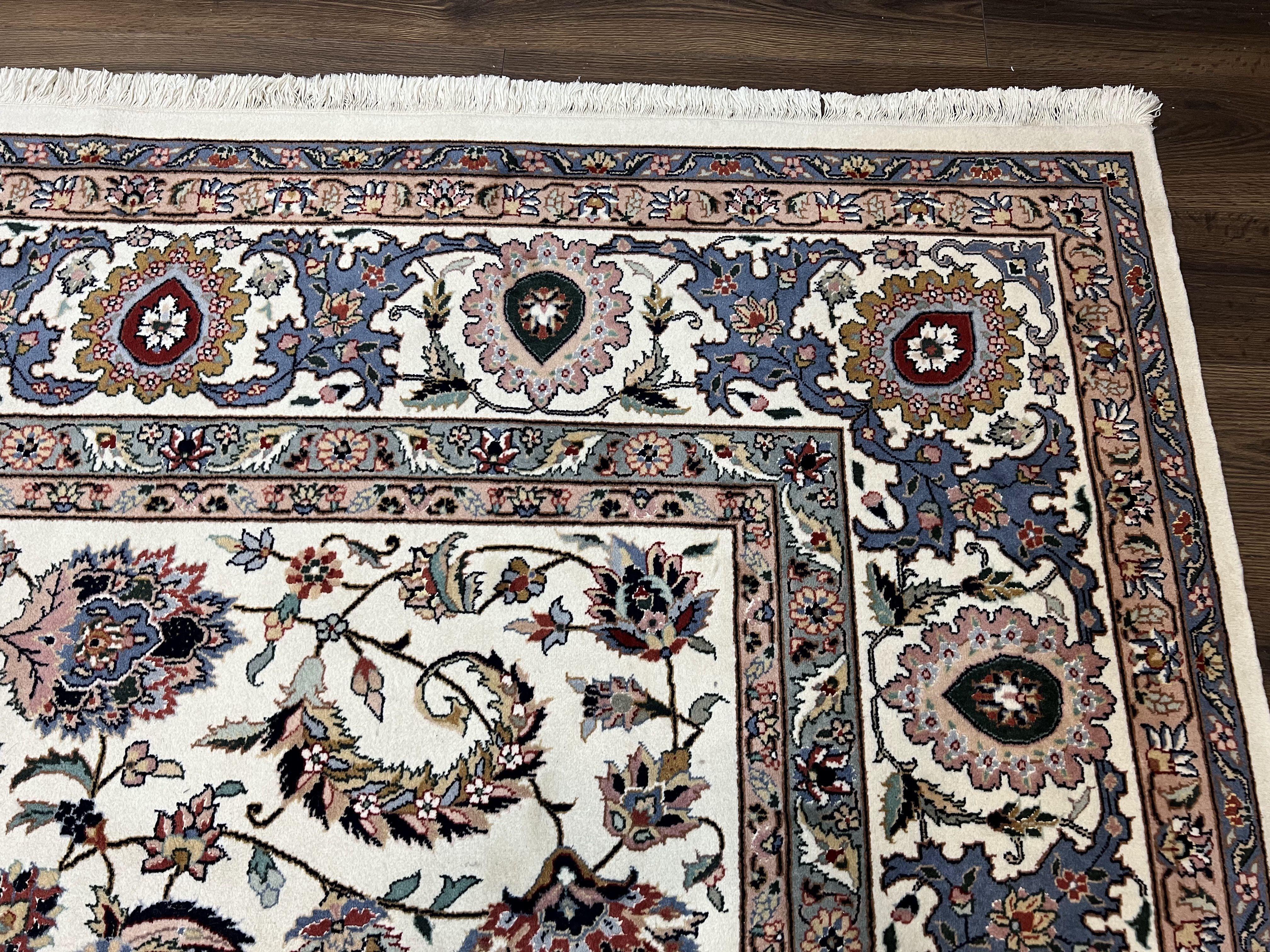 Large Indo Persian Rug 10x14, Hand Knotted Wool Area Rug 10 x 14, Vintage Oriental Carpet, Allover Floral, Indian Mahal, Ivory and Teal Rug - Jewel Rugs