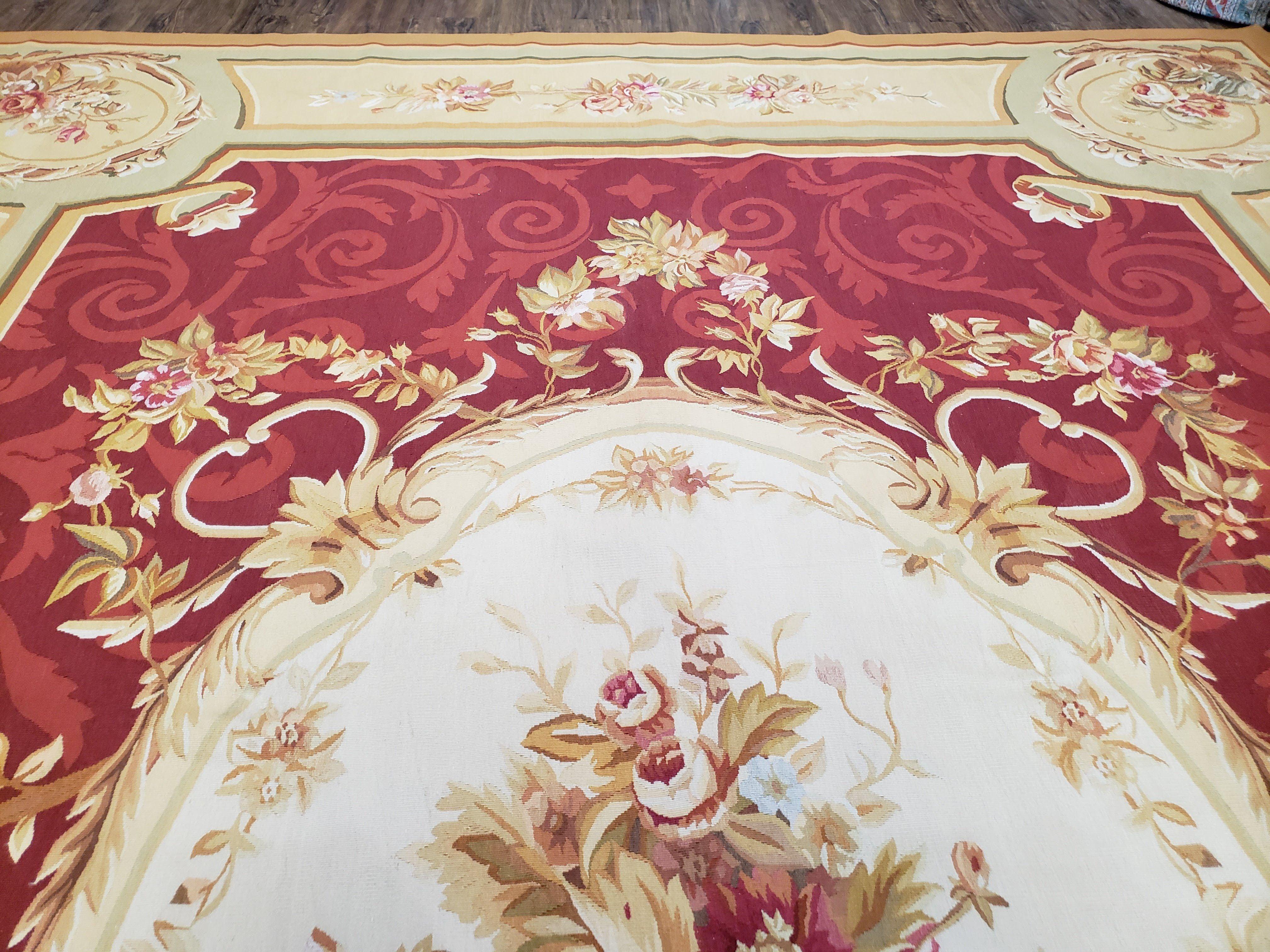 Large Aubusson Rug, 10x14 Rug, 10 x 14 Red Aubusson Carpet, Flatweave, Red Beige Ivory, Floral, Elegant Living Room Rug, Dining Room, Wool - Jewel Rugs