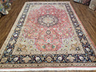 Vintage Persian Tabriz Rug 6.7 x 9.9, Wool Hand-Knotted Salmon Pink & Dark Blue Floral Medallion Carpet, Traditional Fine Persian Oriental Rug - Jewel Rugs