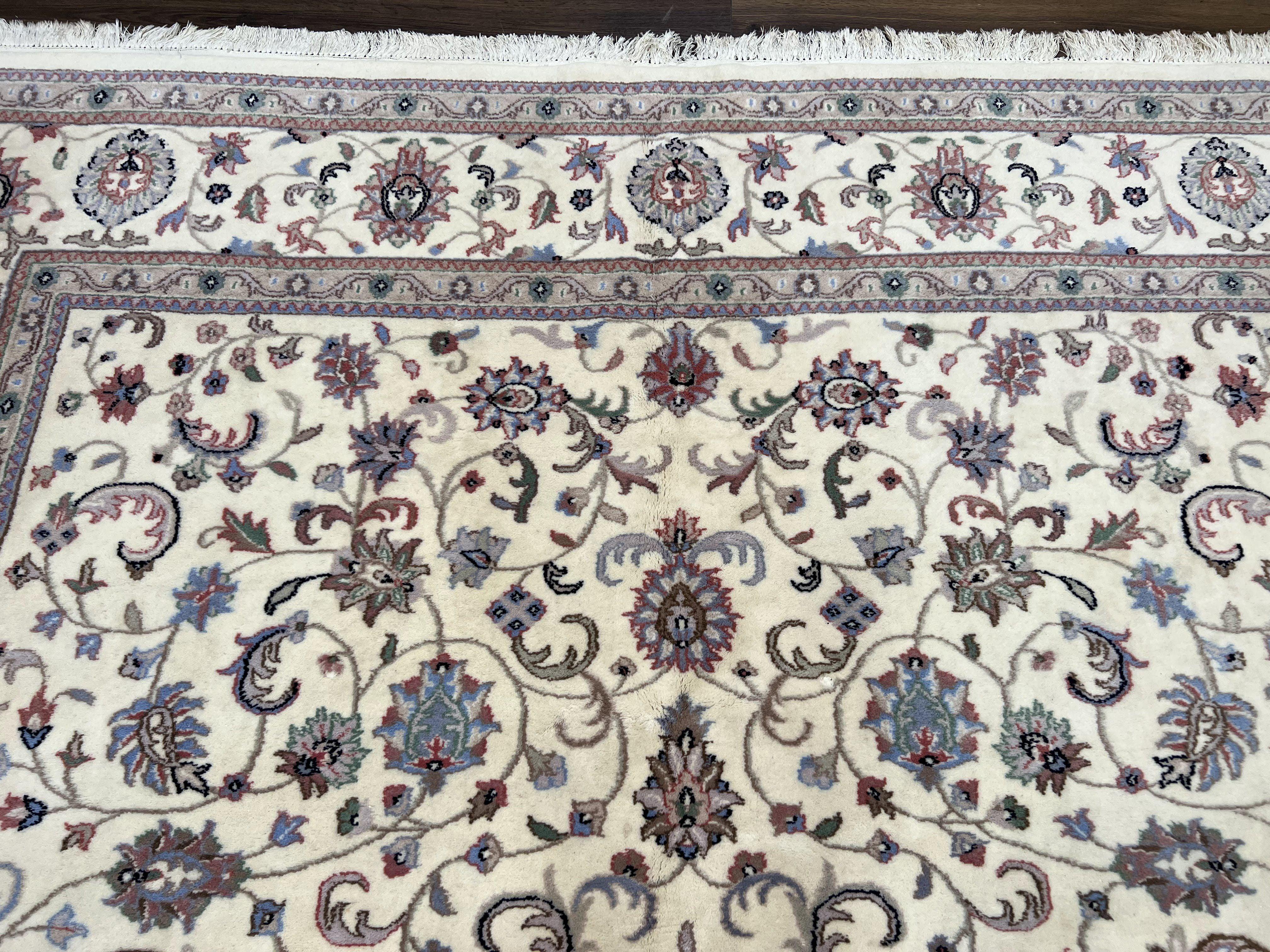 Indo Persian Rug 8x10, Wool Hand Knotted Carpet, Vintage Indian Oriental Carpet 8 x 10, Ivory Light Blue, Allover Floral, Traditional Rug - Jewel Rugs