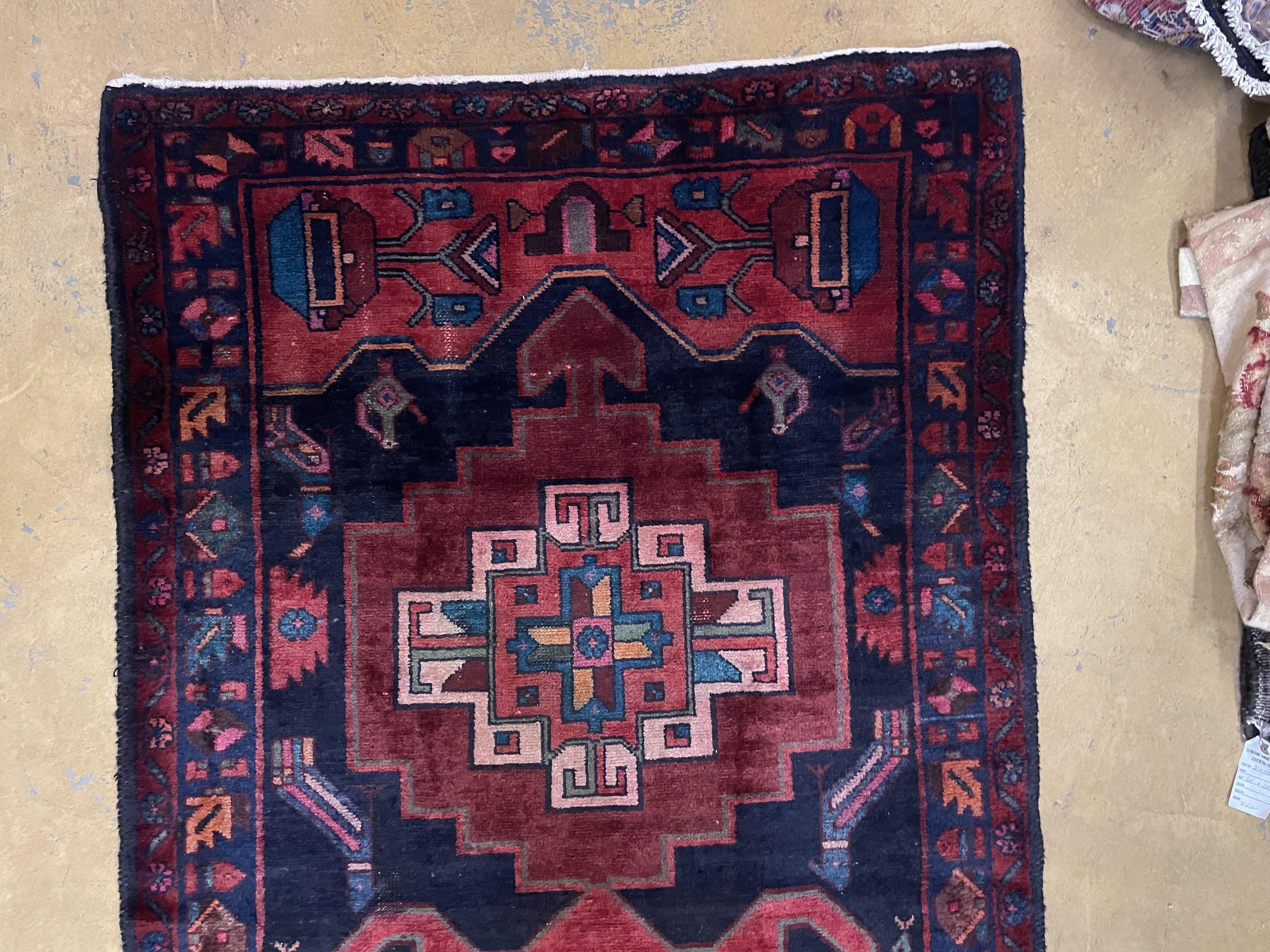 Persian Runner Rug 3.8 x 10, Persian Hamadan Nahavand Runner, Karabagh Design, Antique Wool Tribal Runner, Geometric Medallions, Handmade Hand Knotted Wide Runner, Navy Blue Red, Birds - Jewel Rugs