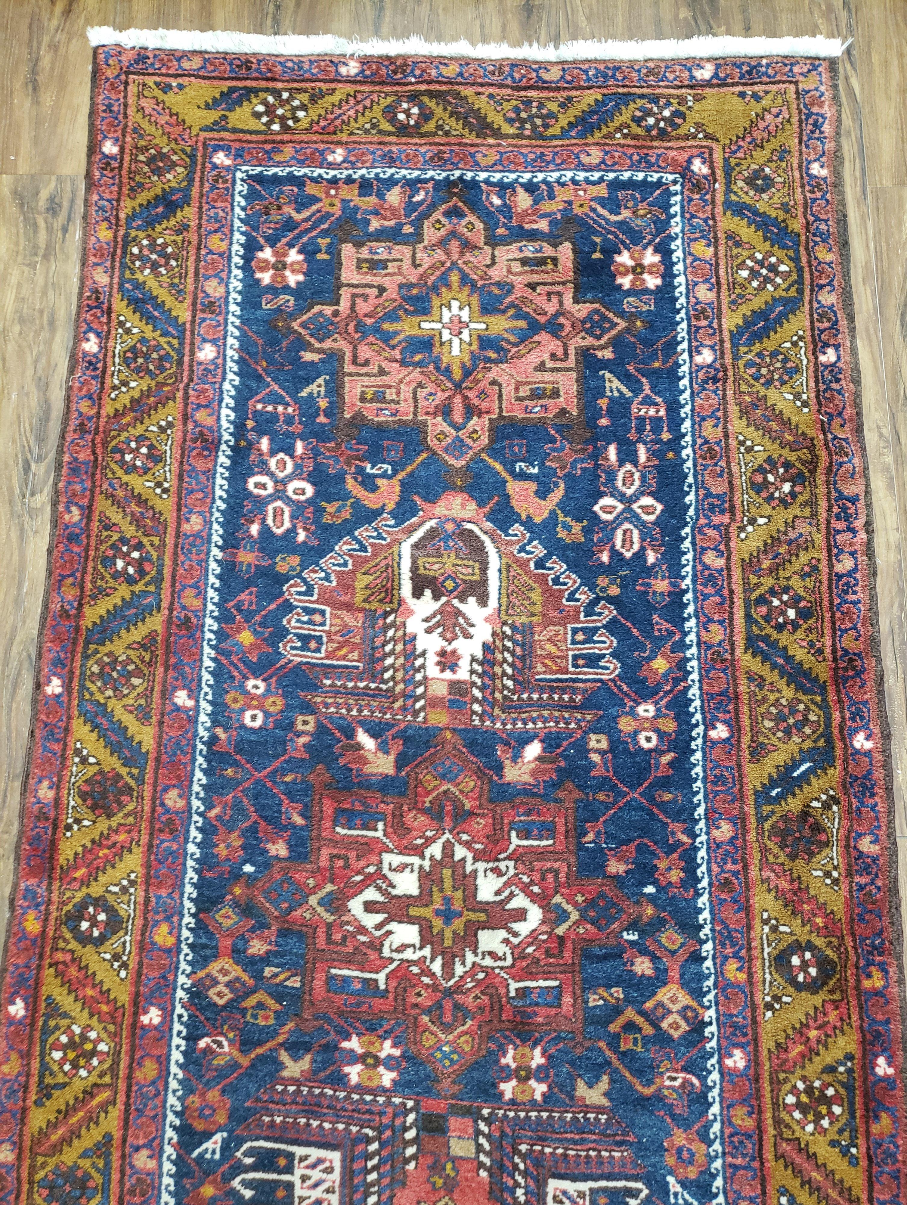 Antique Persian Karajeh Long Runner Rug, Dark Blue & Dark Orange, Hand-Knotted, Wool, 3'2" x 14'6" - Jewel Rugs