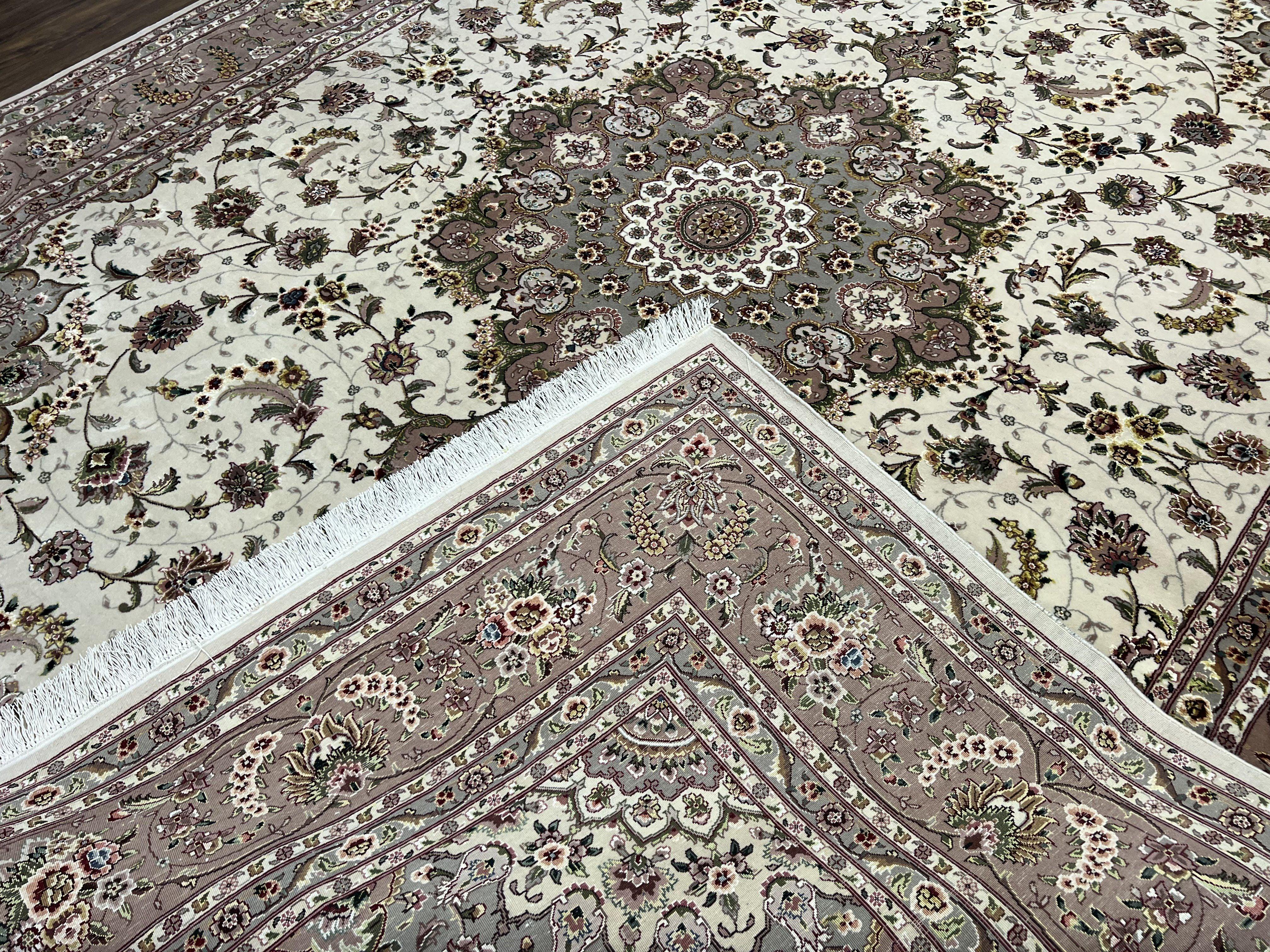 Fine Sino Persian Rug 8x10 ft, Floral Medallion, Elegant Oriental Carpet, Ivory Gray Light Mauve Handmade Wool with Silk Highlights Vintage - Jewel Rugs