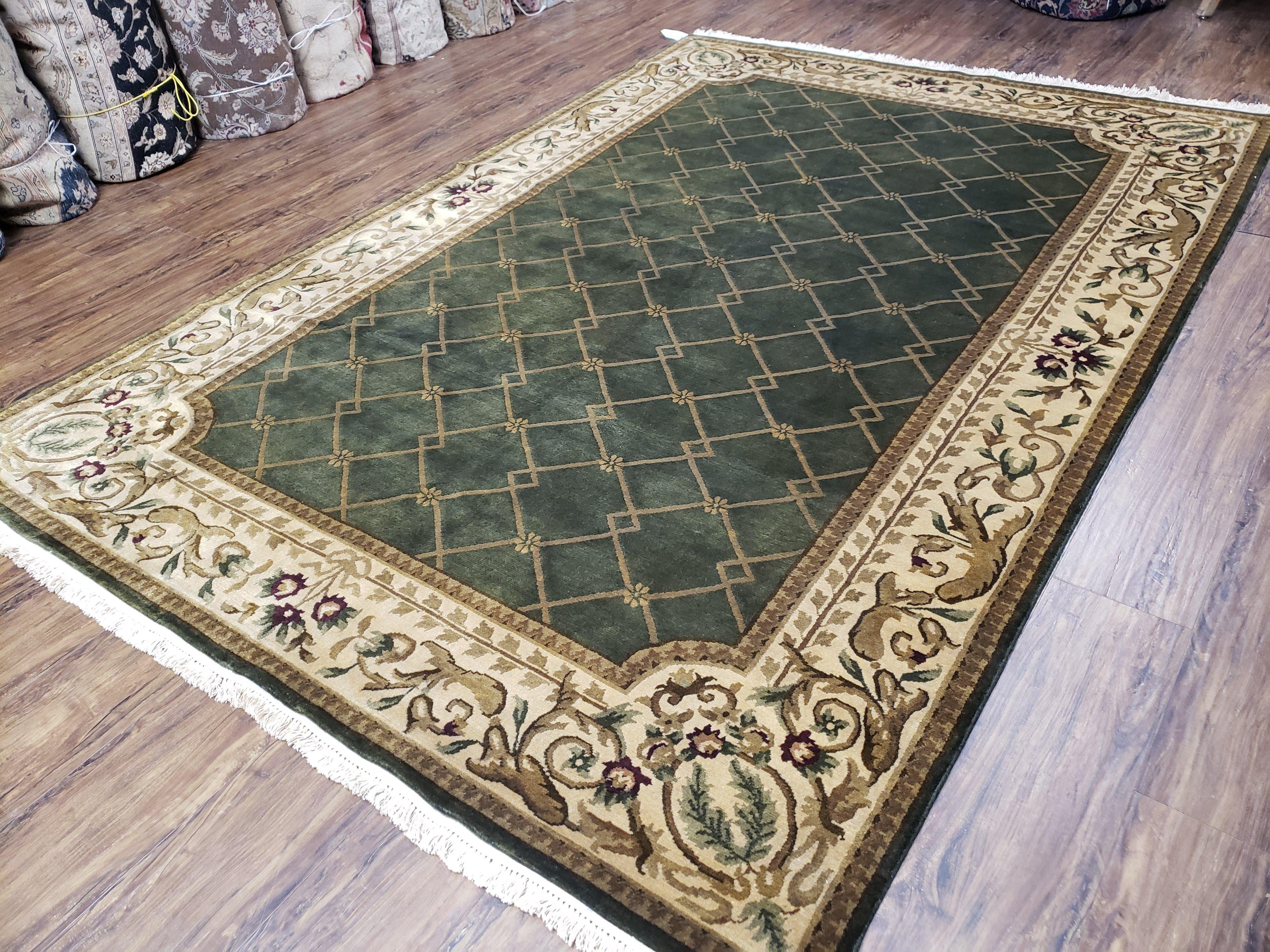 Vintage Napalese Aubusson Rug 6x9, Hunter Green & Beige Hand-Knotted Wool Carpet, 6 x 9 European Design Carpet, Handmade New Rug, Office Rug - Jewel Rugs