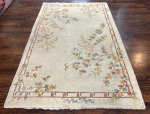 Indo Chinese Rug 6x9, Hand Knotted Vintage Wool Carpet, Handmade Asian Area Rug 6 x 9 ft, Beige/Cream, Multicolor Flowers, Simple Design