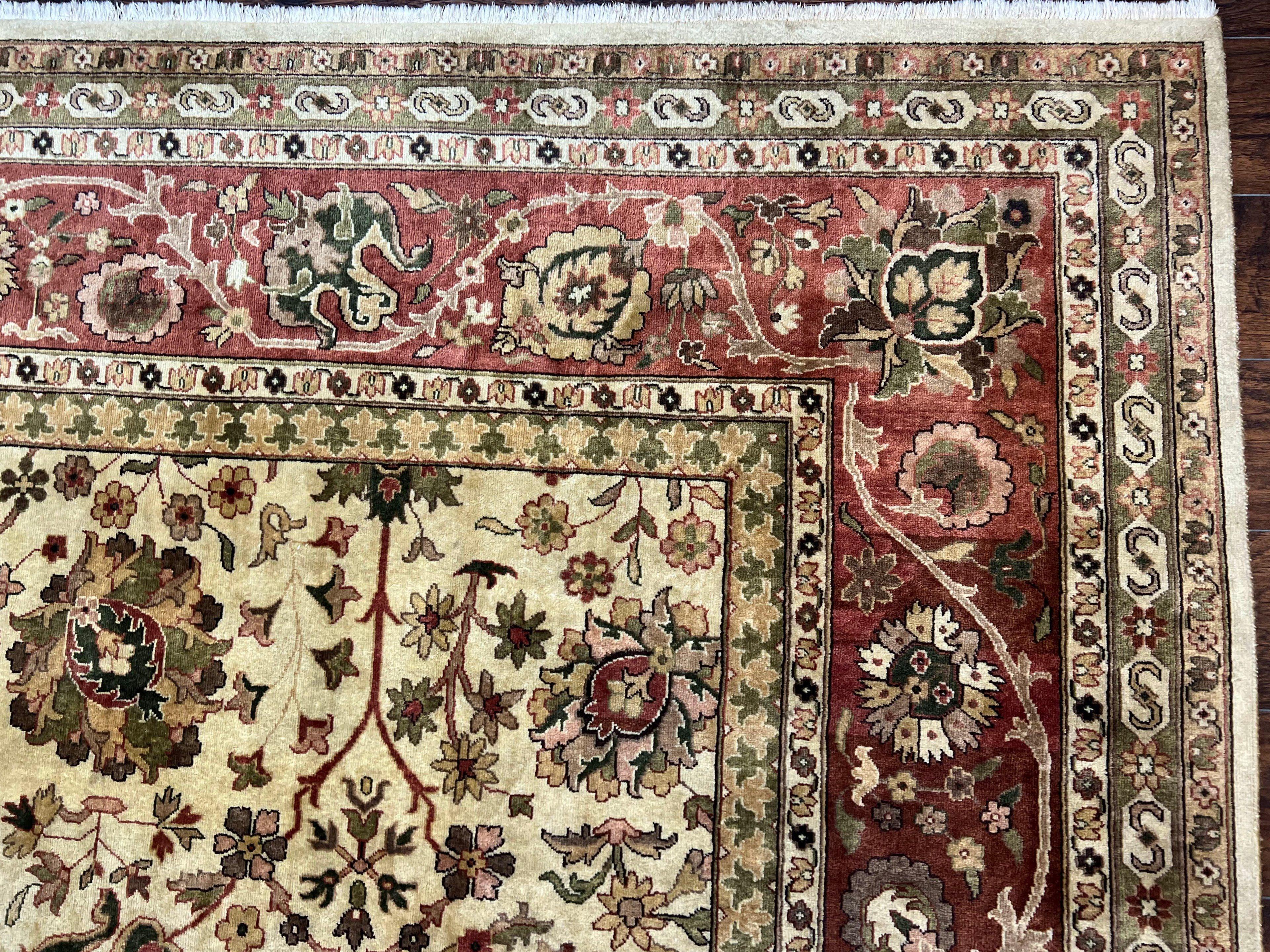 Large Indian Rug 10x14, Hand Knotted Indo Persian Gandehar Oriental Carpet, Vintage Wool Rug 10 x 14 ft Cream Red Floral Allover Traditional - Jewel Rugs