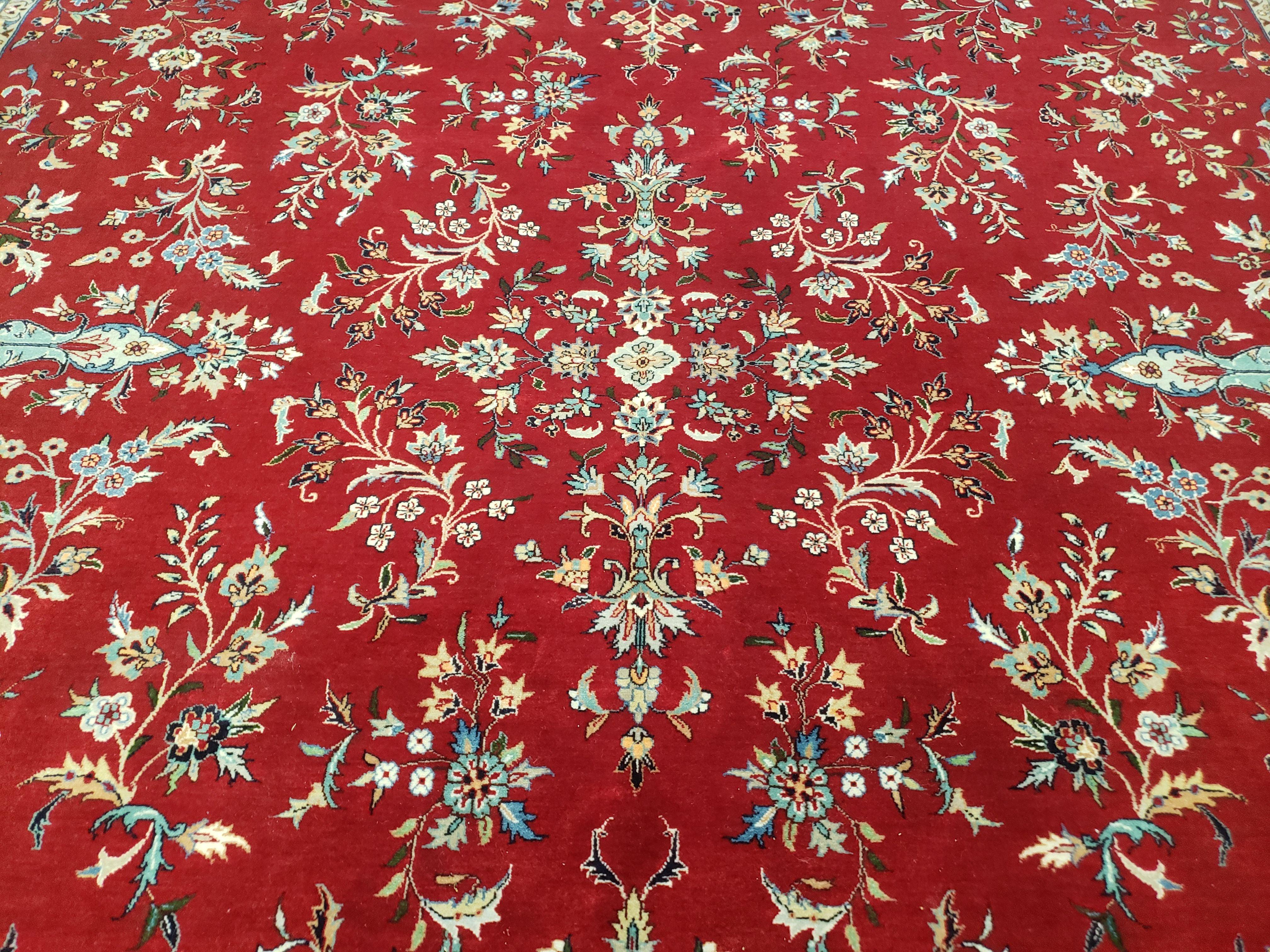 Traditional Persian Design Oriental Rug 9x12, Wool, Pak-Persian, Red & Dark Blue, Allover Pattern, Vintage, Hand-Knotted, 9 x 12 Carpet - Jewel Rugs