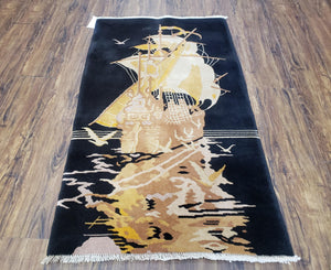 Small Chinese Rug 2'6" x 4' 4", Black Chinese Rug, Boat Ship at Sea with Seagulls, Chinese Art Deco Rug, Vintage 1960s Hand-Knotted Handmade - Jewel Rugs
