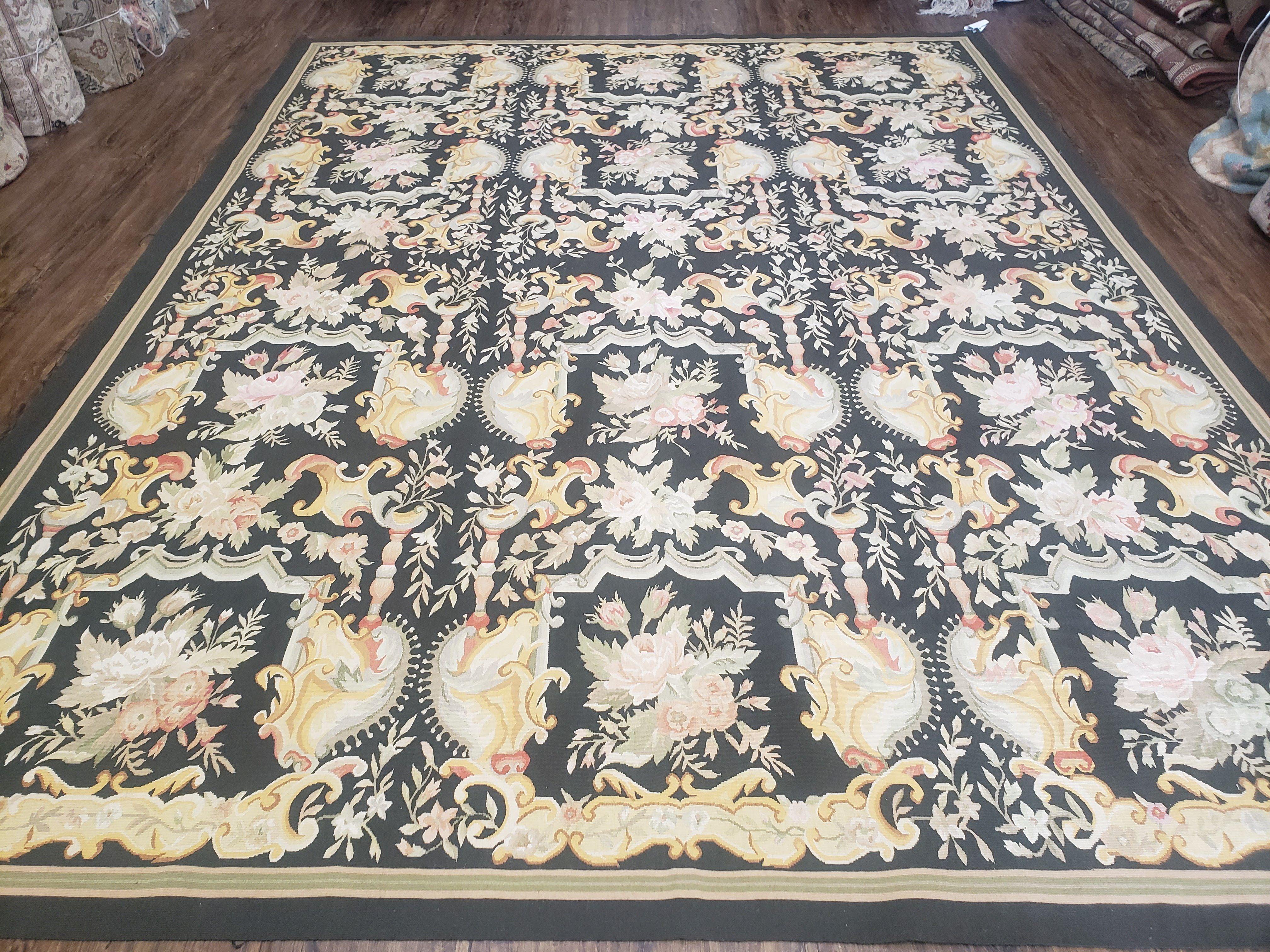 Vintage Black Aubusson Area Rug 8x10, Large Flowers Chinese Aubusson Carpet 7.9 x 10, Wool Hand-Knotted Floral Pattern Flat Weave Rug Nice - Jewel Rugs