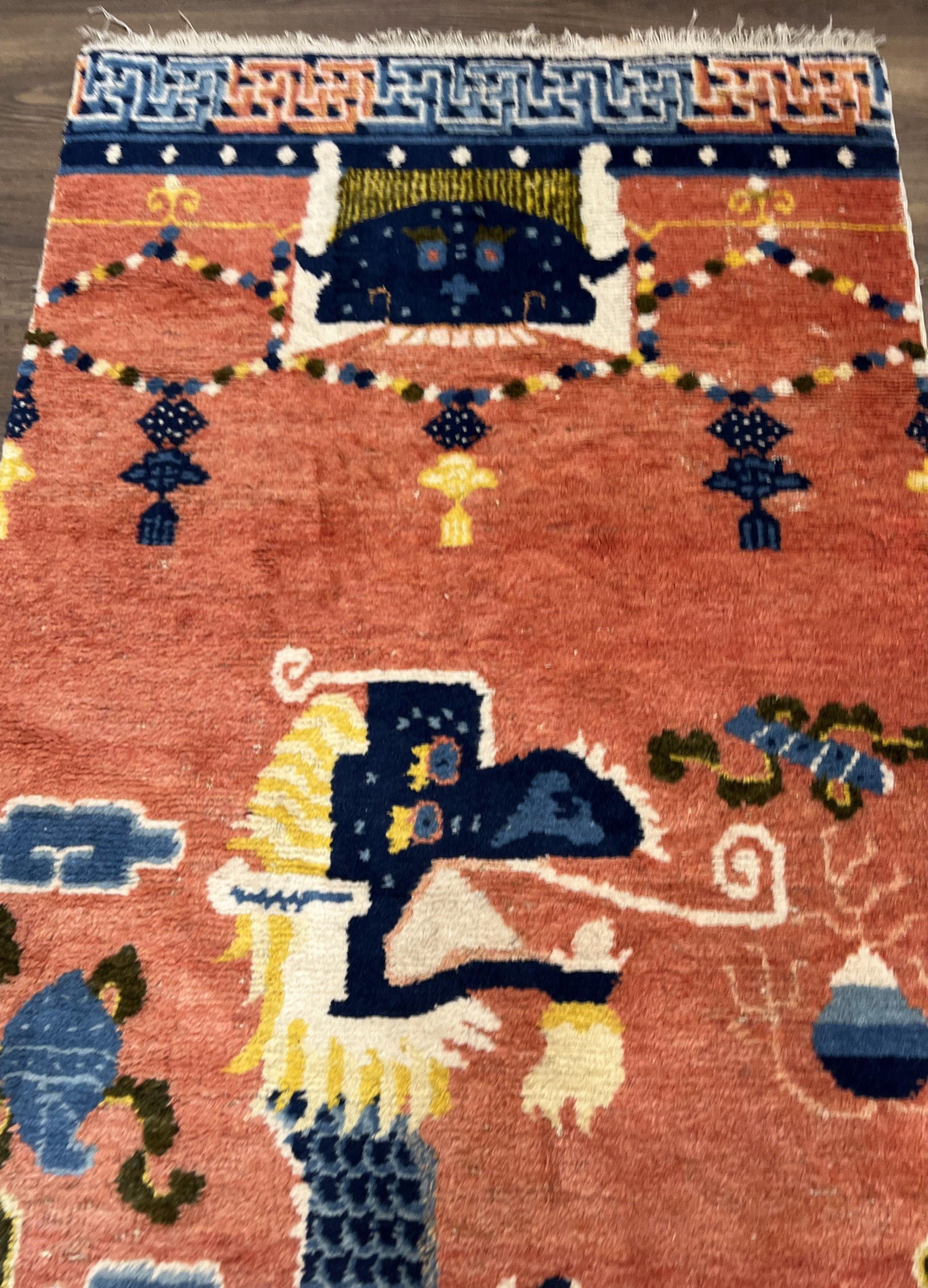 Rare Chinese Ningxia Pillar Rug 3x8, Late Qing Dynasty, 5 Clawed Dragon, Cloud Rainbow Border, Collectible Antique Carpet, Wool Hand Knotted - Jewel Rugs