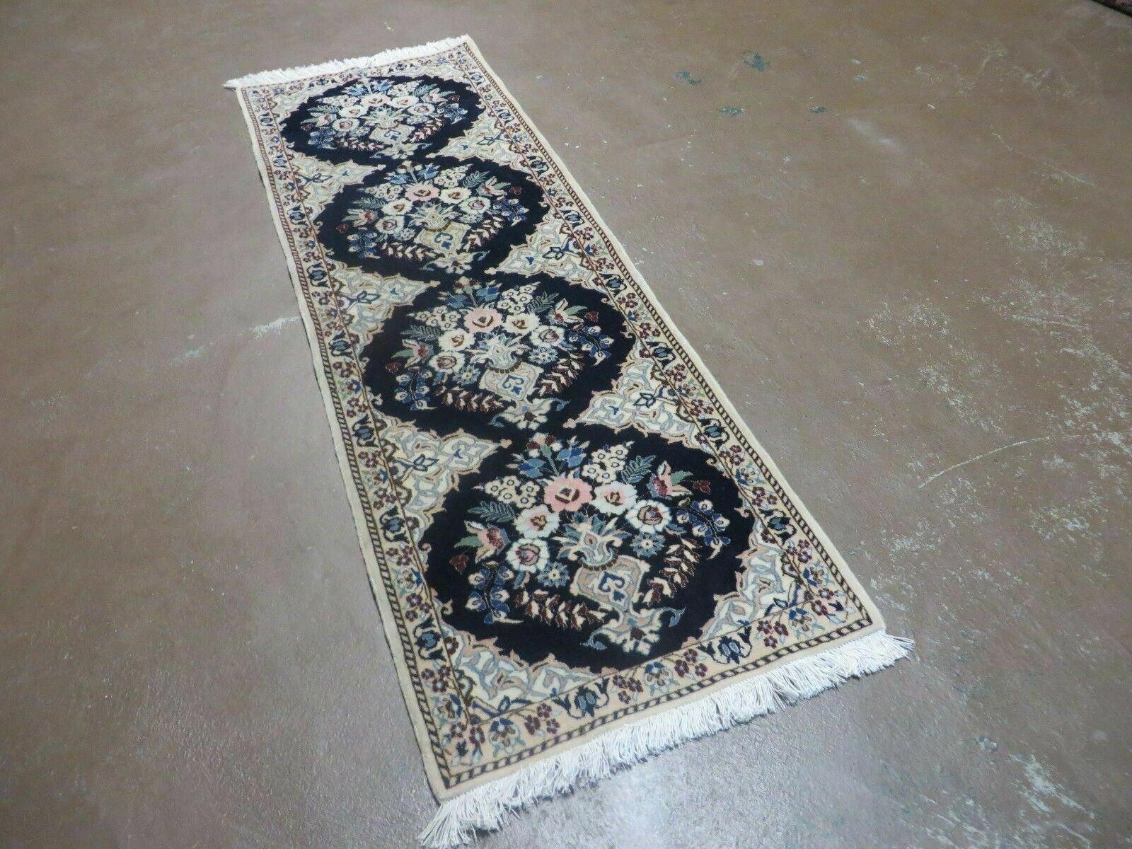 Fine Persian Runner 1.8 x 5, Persian Nain Carpet, Short Runner 5ft Long, Hand Knotted Wool and Silk Antique Rug, Floral Vases, Navy Blue and Ivory, Luxury Rug - Jewel Rugs