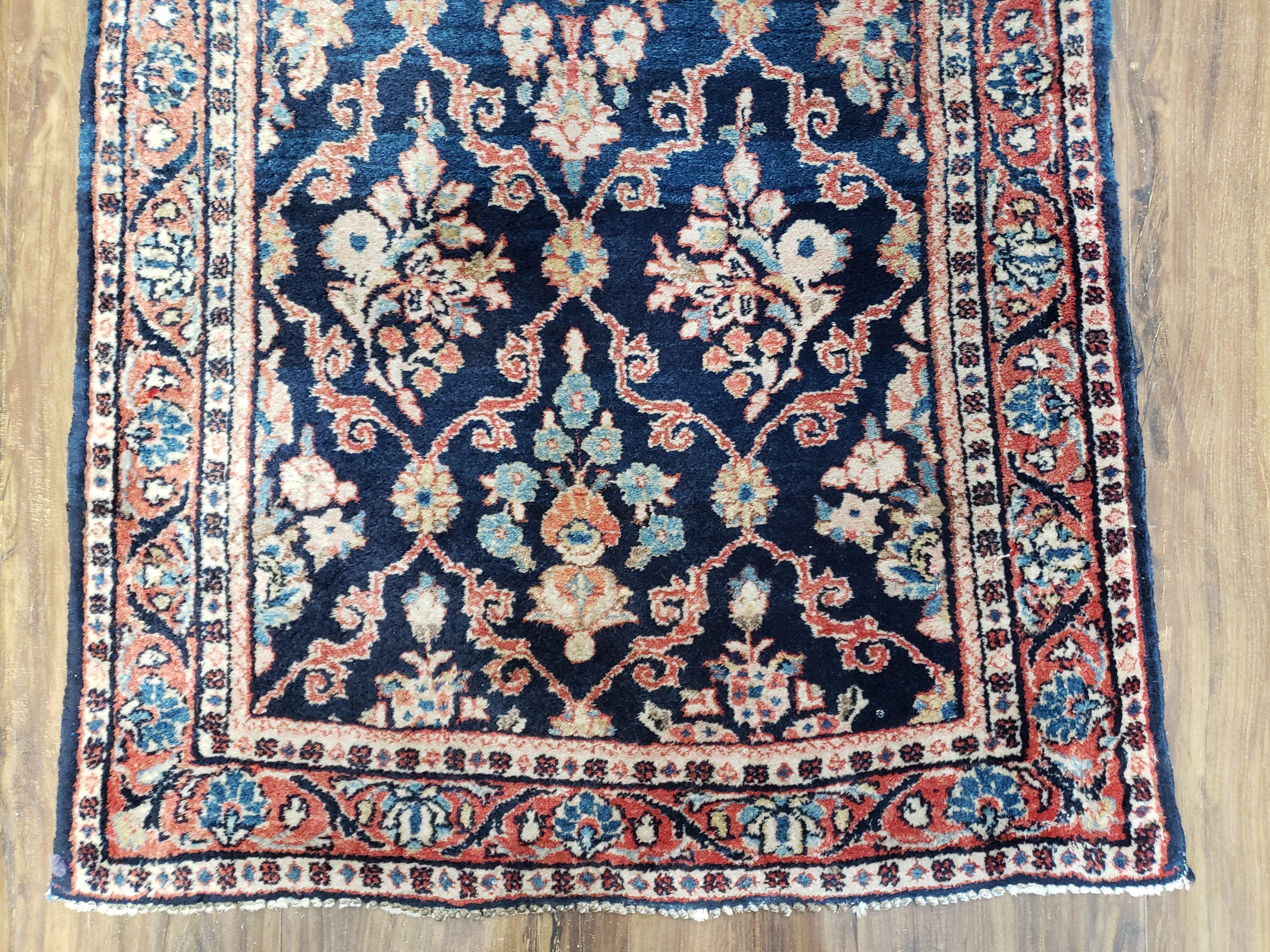 Antique Dark Blue Persian Sarouk Runner, Hand-knotted, Wool, 2'4" x 9' 3" - Jewel Rugs