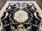 Aubusson Rug 9x12, Wool with Silk Highlights, Vintage Aubusson Carpet with Pile, Black and Beige, Handmade Elegant Room Sized Area Rug, Nice - Jewel Rugs