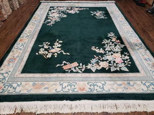 Chinese Wool Rug 8x11 Vintage Handmade Carved Sculpture Carpet Dark Green Floral - Jewel Rugs