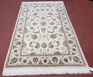 Vintage Ivory Floral Oriental Area Rug 4x6, Hand-Knotted Wool & Silk Highlights, Very Fine White Persian Carpet, 4 x 6 Foyer Room Rug - Jewel Rugs
