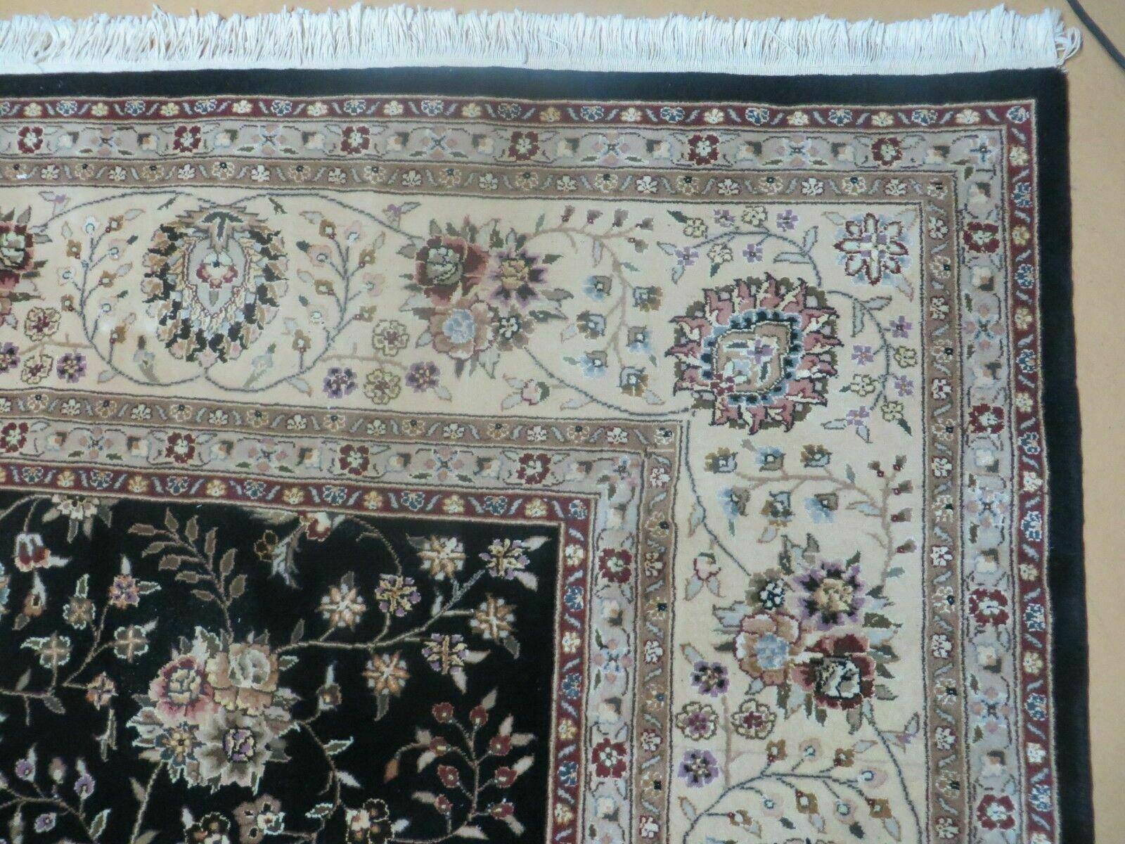 9' X 12' Vintage Handmade Chinese Allover Oriental Wool & Silk Black and Beige Border Area Rug - Jewel Rugs