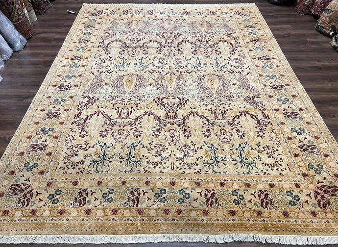 Fine Pak Persian Rug 9x12, Repeated Allover Floral Cypress Tree Motif, Cream and Dark Blue, Hand Knotted Pakistani Oriental Carpet 9 x 12 - Jewel Rugs