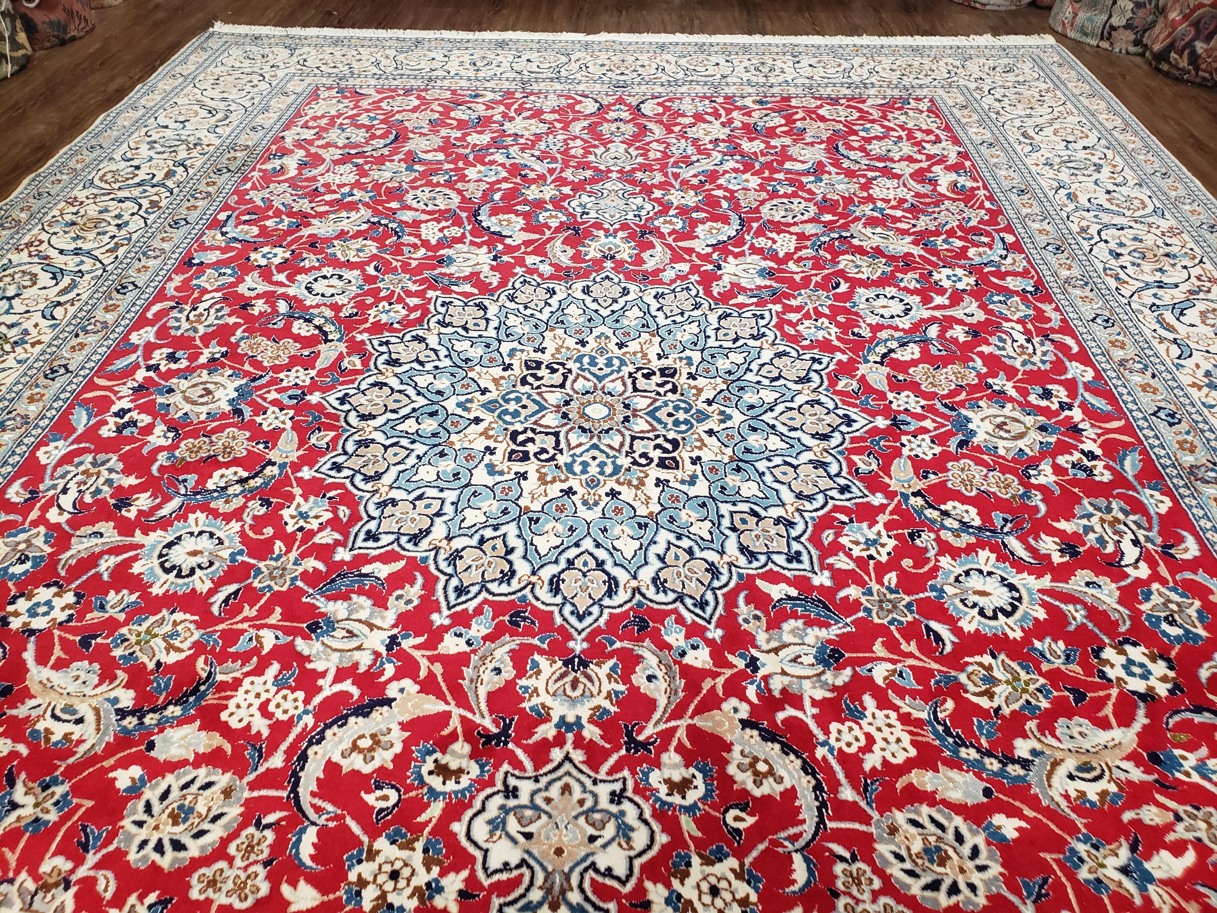 Persian Nain Rug 8x12, Red and Ivory, Signed - Jewel Rugs