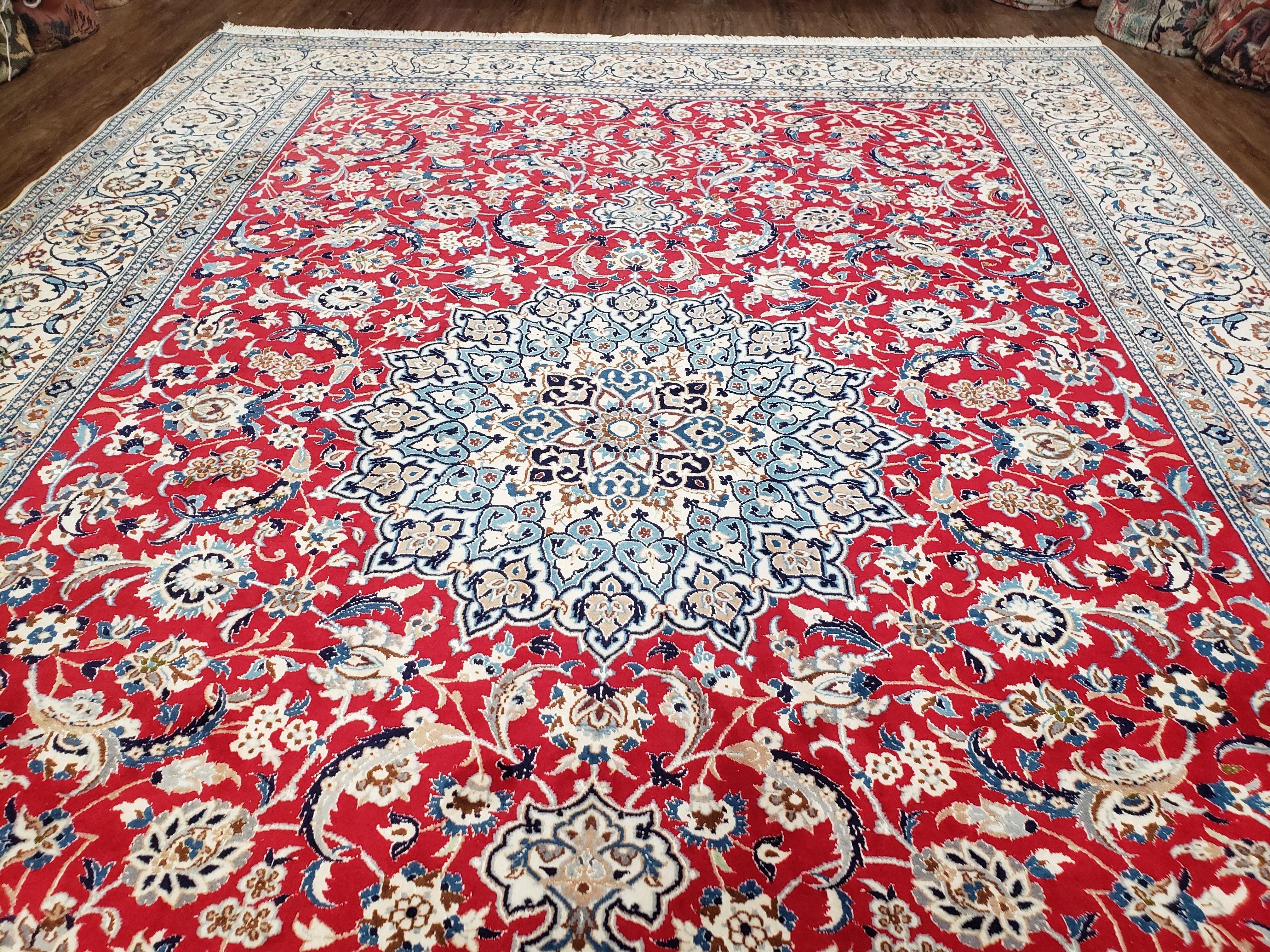 Persian Nain Rug, Lachak Toranj Design, Wool with Silk Highlights, Red Ivory and Light Blue, Hand-Knotted, 8'3" x 11'9" - Jewel Rugs