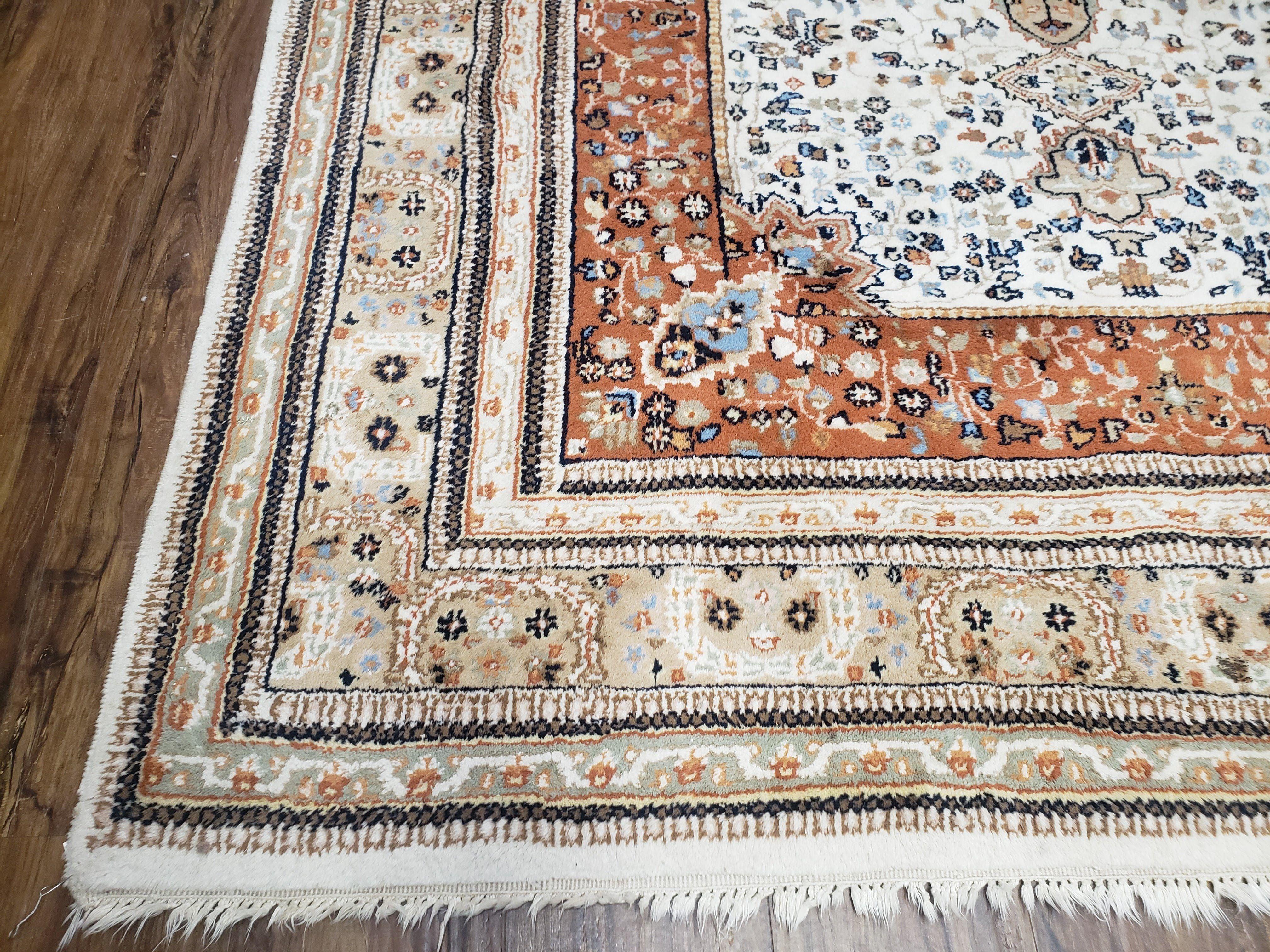 6x9 Vintage Indo-Persian Area Rug, Wool Hand-Knotted Carpet, Ivory & Squash Orange, Floral Medallion Tribal Rug, Indian Carpet, Decorative - Jewel Rugs