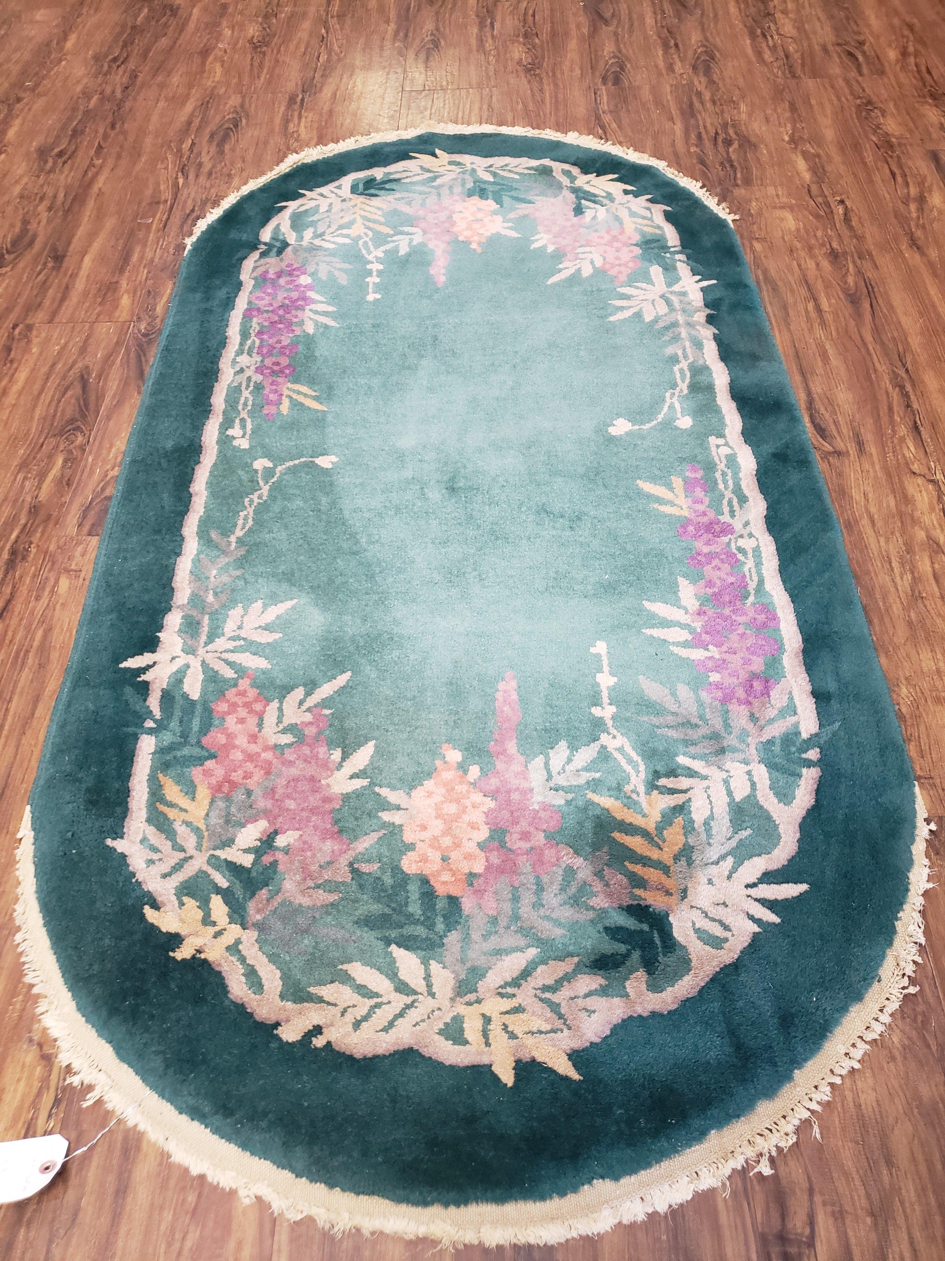 Oval Chinese Peking Rug, Teal Chinese Rug, Antique Art Deco Rug, Nichols Rug Oval, 3' x 5' 9", Teal and Green with Flowers, Wool, Handmade - Jewel Rugs