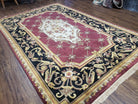 Vintage Nepalese Aubusson Area Rug 6x9, Pure Wool Hand-Knotted Black & Hibiscus Red Tibetan Carpet, Soft Plush Pile, 6 x 9 Savonnerie Rug - Jewel Rugs