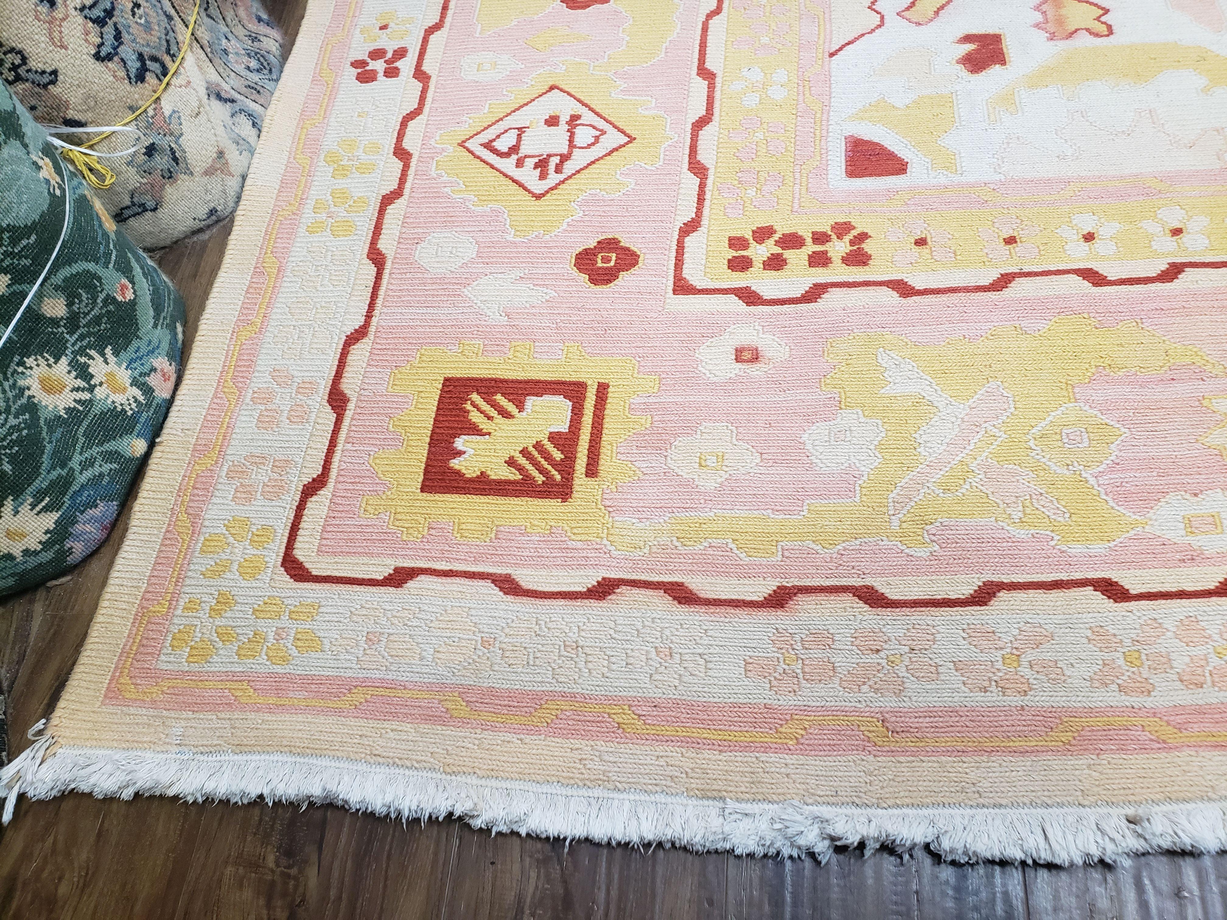 Large Turkish Kilim Carpet 10x14, Vintage Hand-Knotted Turkish Kilim Rug 10 x 14, Pink Cream Yellow Red, Decorative, Geometric, Unique - Jewel Rugs