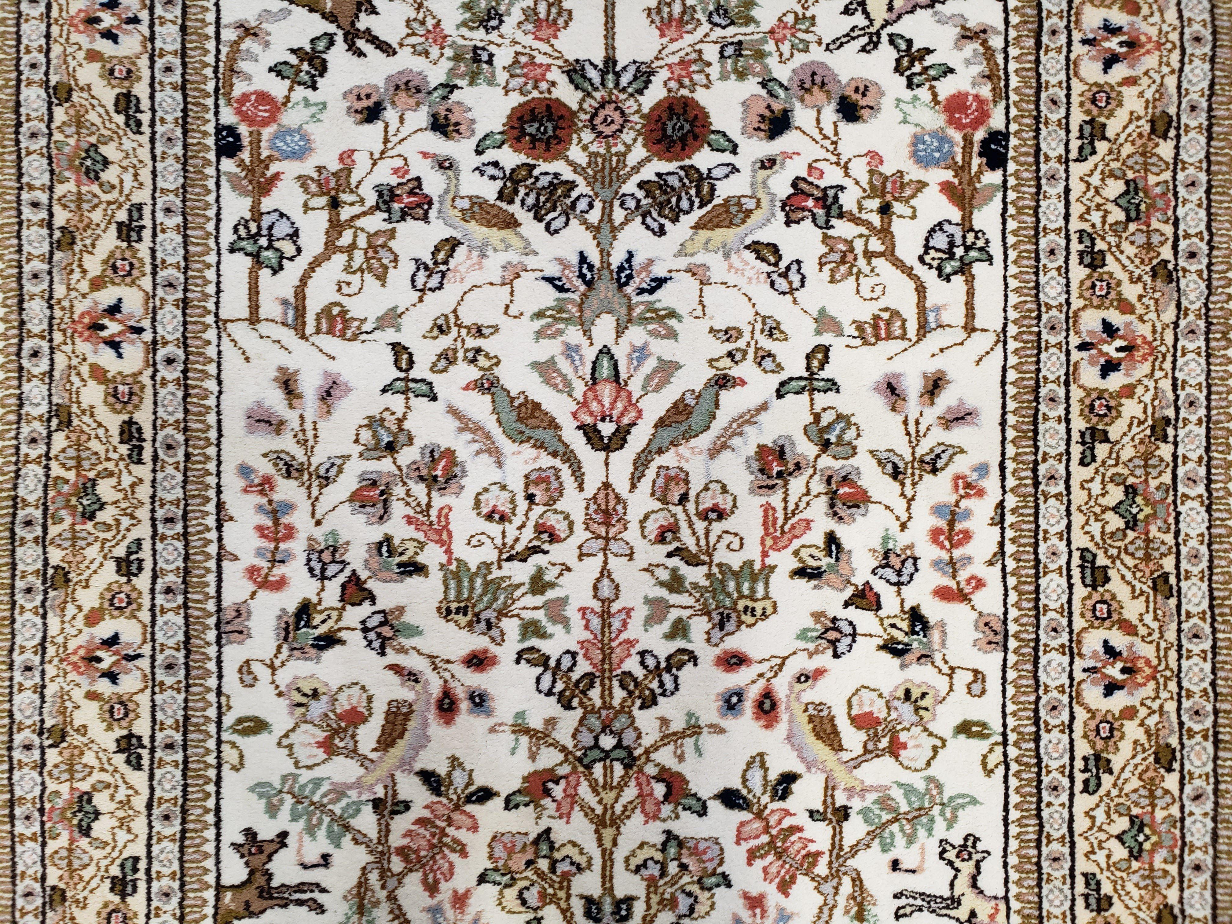 Indo Persian Rug 4x6, Tree of Life Rug, Animal Motifs, Deer Peacocks Birds, Ivory and Cream, Hand-Knotted Soft Wool Pile Indian Carpet 4 x 6 - Jewel Rugs