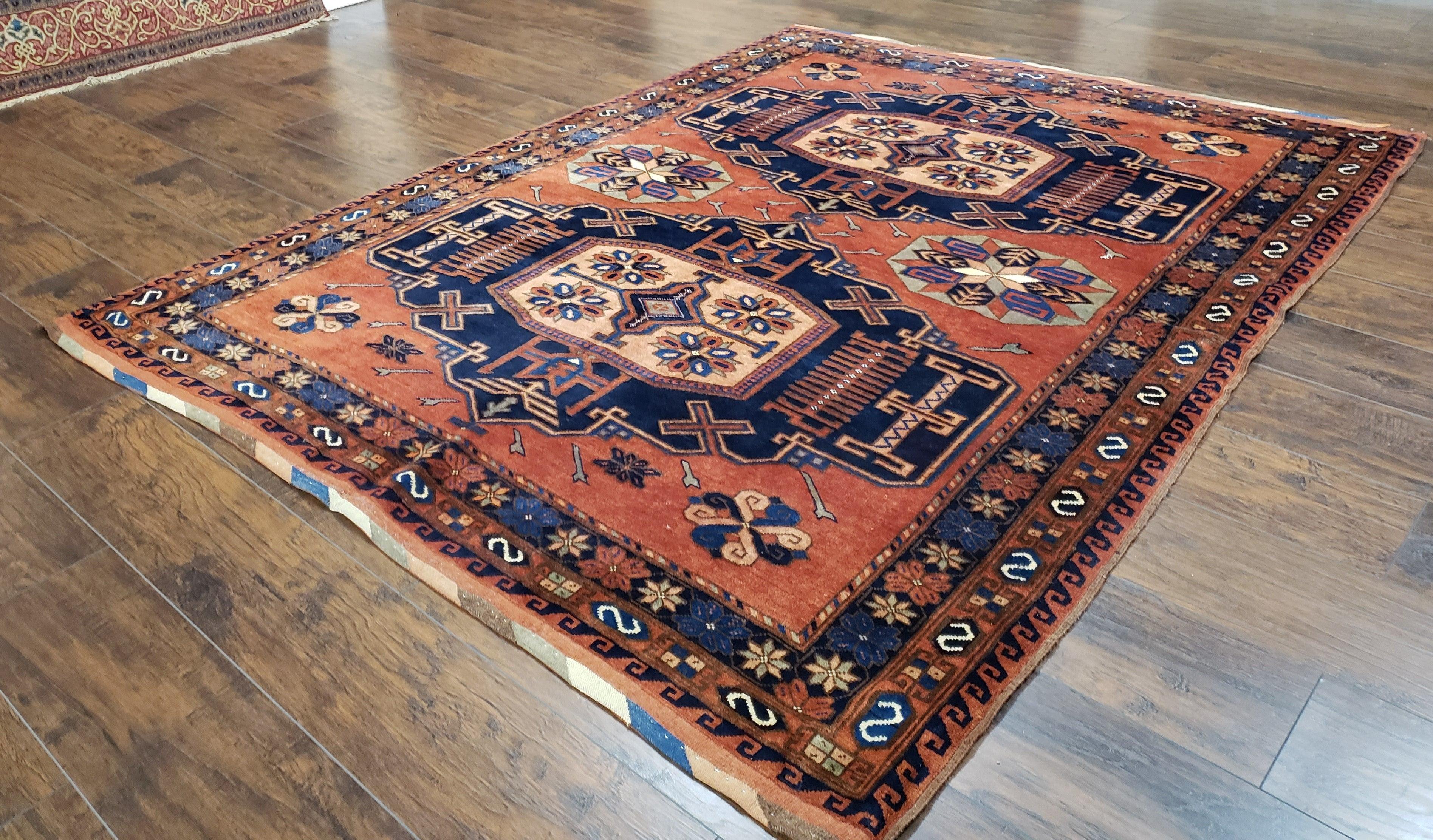 Vintage Afghan Bashir Area Rug 5x7 - 6x8, Wool Hand-Knotted Handmade Red & Navy Blue Tribal Antique Boho Carpet, Foyer Room Rug, Medallions - Jewel Rugs