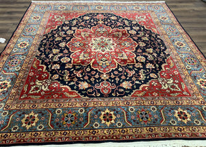 Indo Persian Square Rug 8x8, Vintage Indian Heriz Oriental Carpet, Large Floral Medallion, Red and Navy Blue, Hand-Knotted Square Shaped Rug - Jewel Rugs
