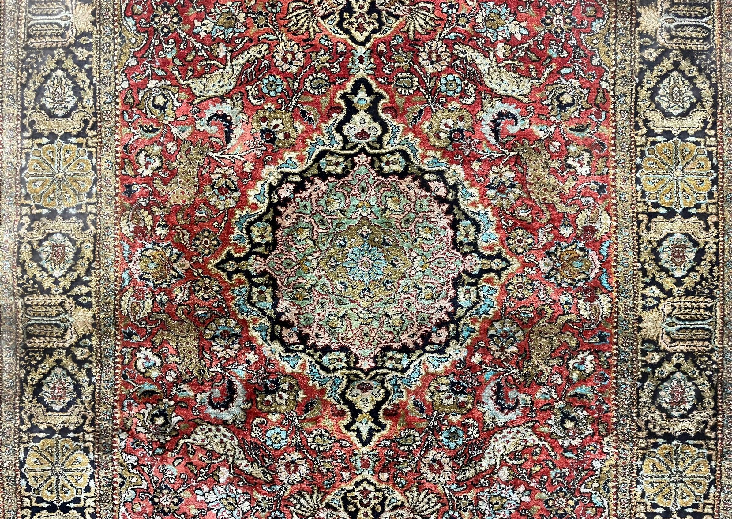 Persian Qum Silk Rug 3.8 x 5.6, Silk on Silk, Animal Pictorials, Fine 330 KPSI - Jewel Rugs