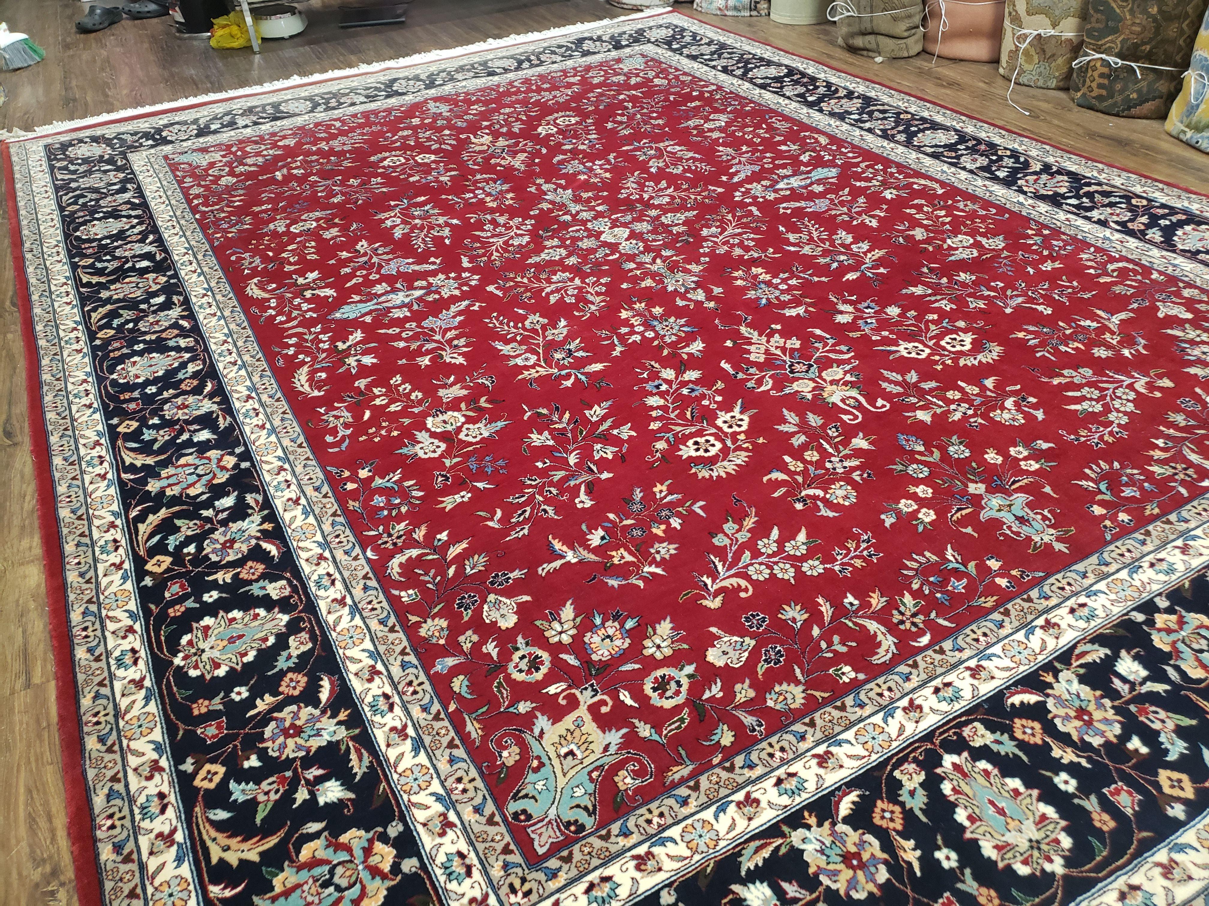 Traditional Persian Design Oriental Rug 9x12, Wool, Pak-Persian, Red & Dark Blue, Allover Pattern, Vintage, Hand-Knotted, 9 x 12 Carpet - Jewel Rugs