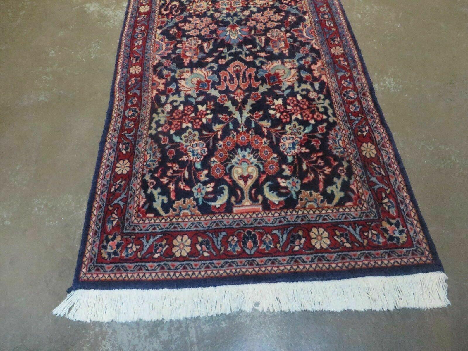 2' 5" X 15' 5" Vintage Dark Blue Indian Floral Handmade Wool Long Runner Rug Wow - Jewel Rugs