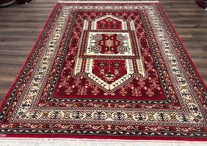 Wool Kazak Pattern Rug 7x10, Geometric Pakistani Hand Knotted Carpet, Large Medallion, Red Cream Dark Green, Room Sized Vintage Oriental Rug - Jewel Rugs