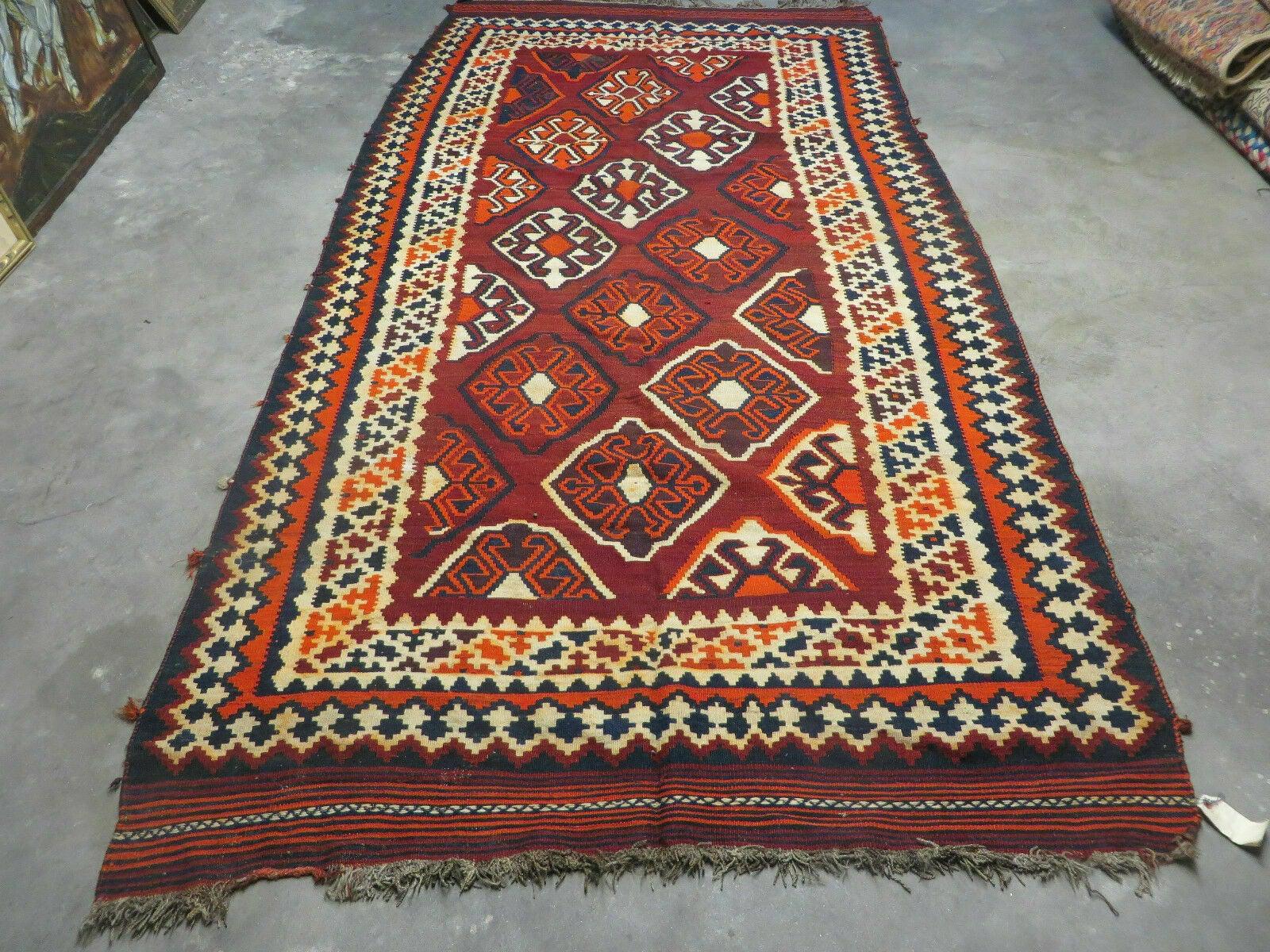 5' X 10' Antique Turkish Kilim Handmade Flat Weave Wool Rug Red Colorful Veg Dye Bohemian Boho Chic Tribal Style And Design - Jewel Rugs