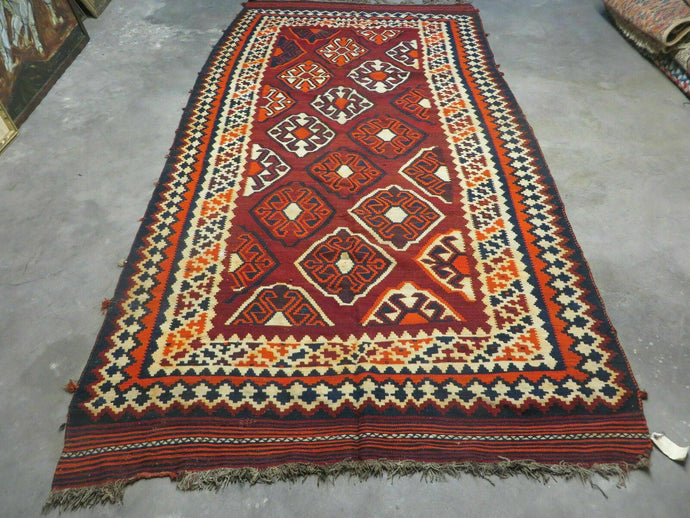 5' X 10' Antique Turkish Kilim Handmade Flat Weave Wool Rug Red Colorful Veg Dye Bohemian Boho Chic Tribal Style And Design - Jewel Rugs