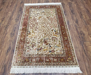Silk Turkish Hereke Rug 3x5, Tree of Life Silk Oriental Carpet With Animal Motifs, Very Fine Silk Rug, Top Quality Area Rug, Hand Knotted - Jewel Rugs